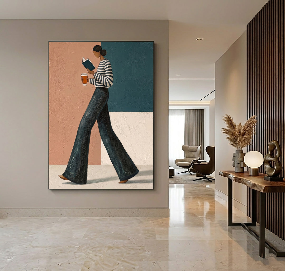 Modern Fashion Woman Reading Book Coffee Wall Art