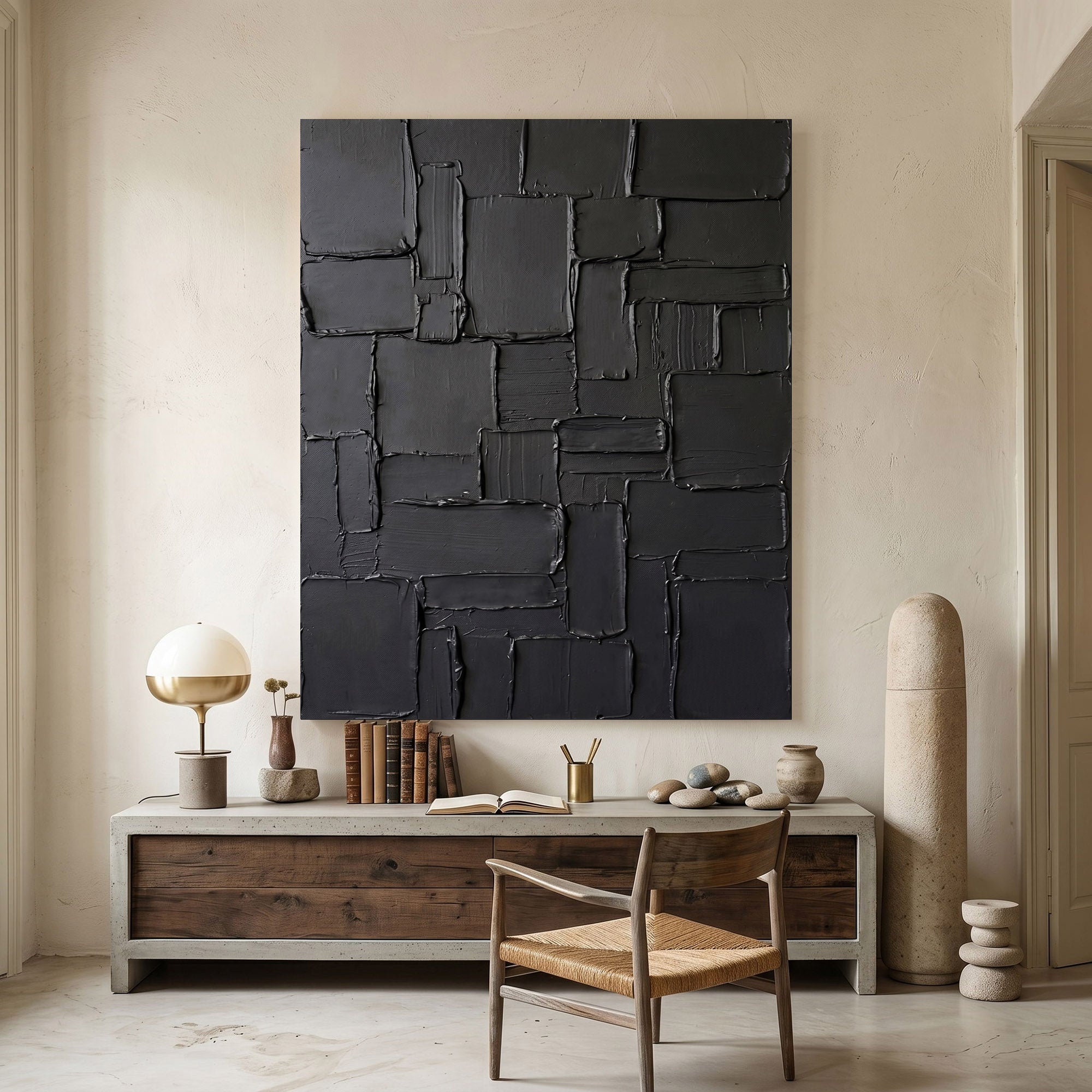 Black Textured Wall Art Abstract Plaster Relief Painting Modern 3D Impasto Minimalist Luxury Decor