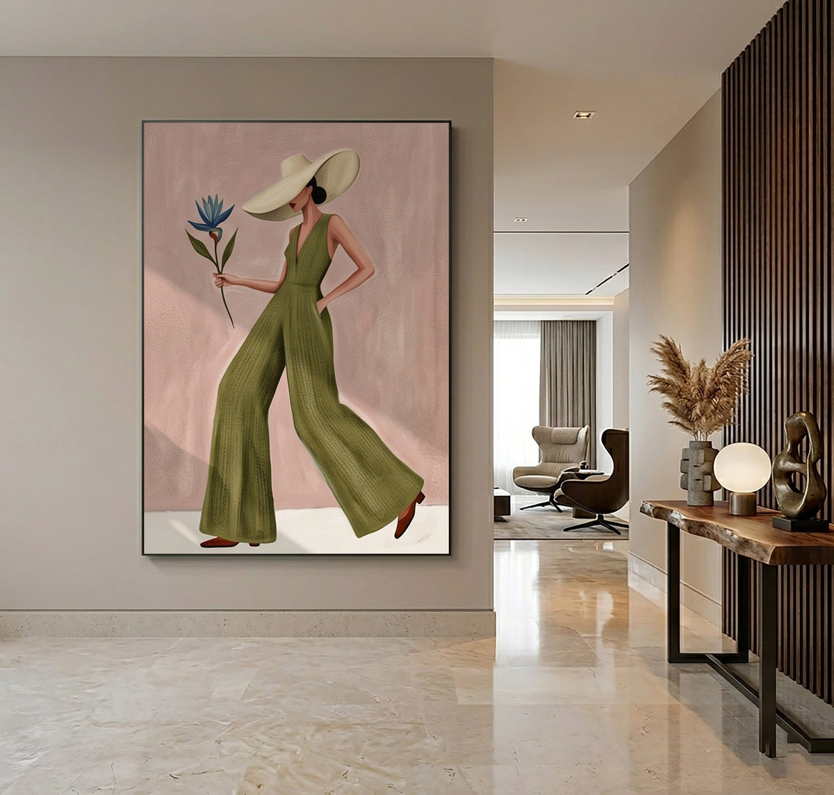 Modern Woman Painting Fashion Wall Art with Floral Details