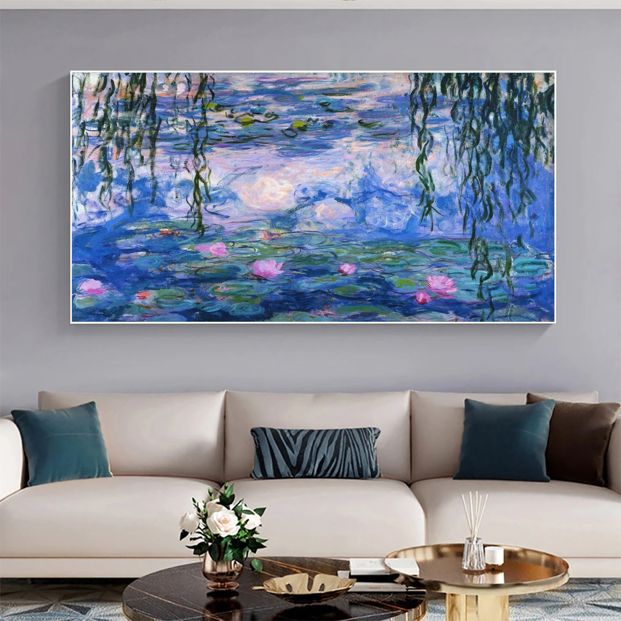 Water Lilies and Willow in Pink and Blue, Inspired by Monet #BGA 083