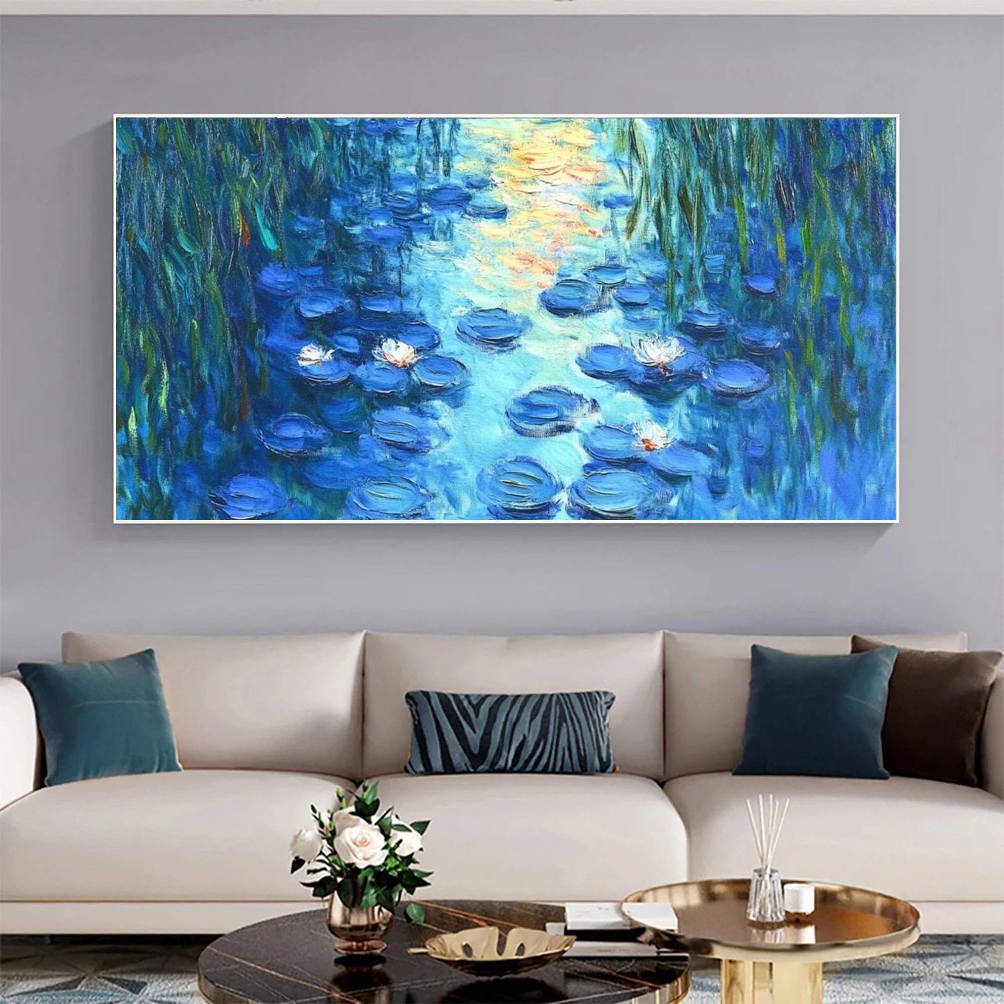 Water Lily Harmony in Blue and Green, Inspired by Monet #BGA 084