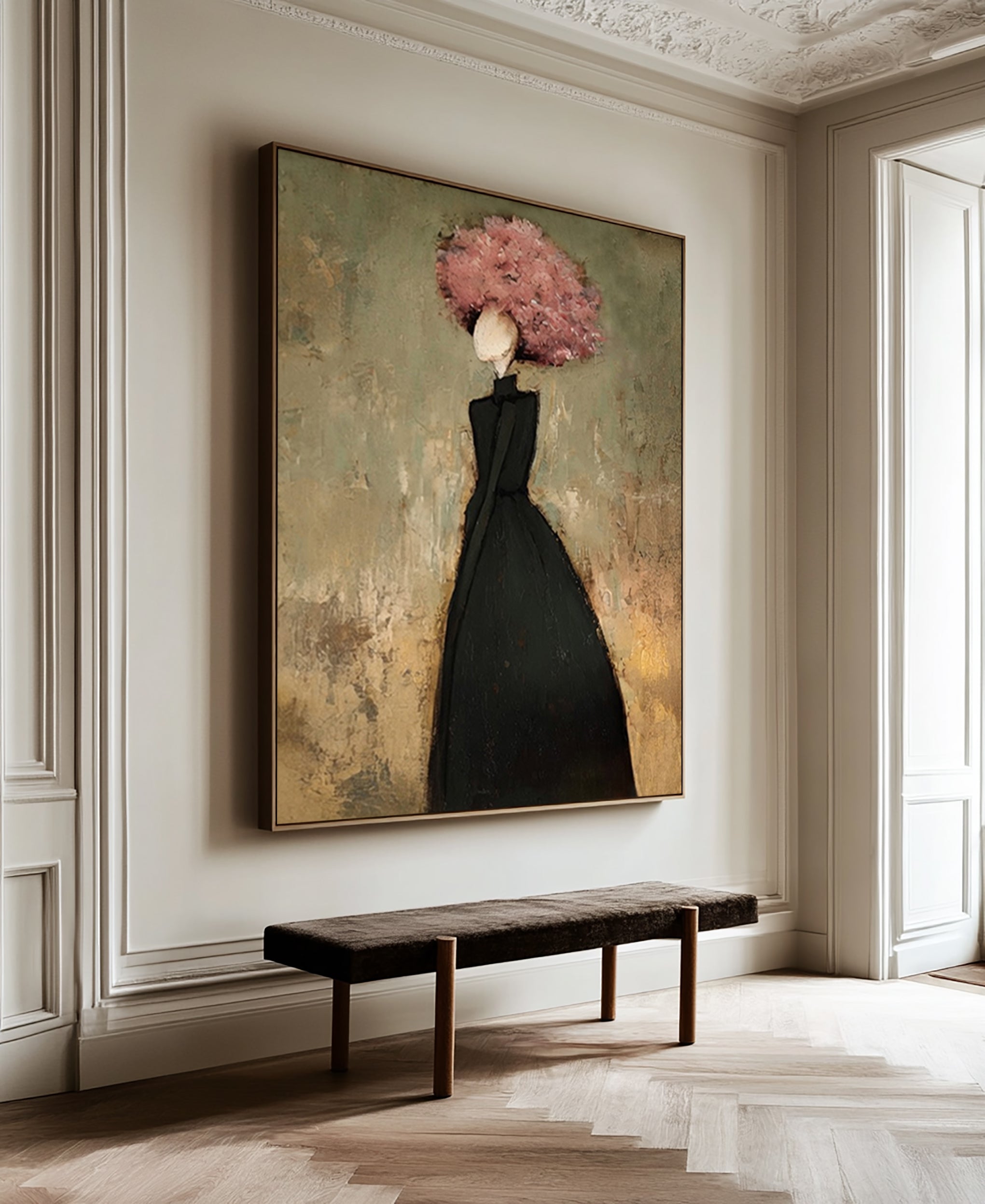 Large Floral Woman Wall Art Black Dress Portrait Oil Painting Modern Abstract Figurative Contemporary Decor