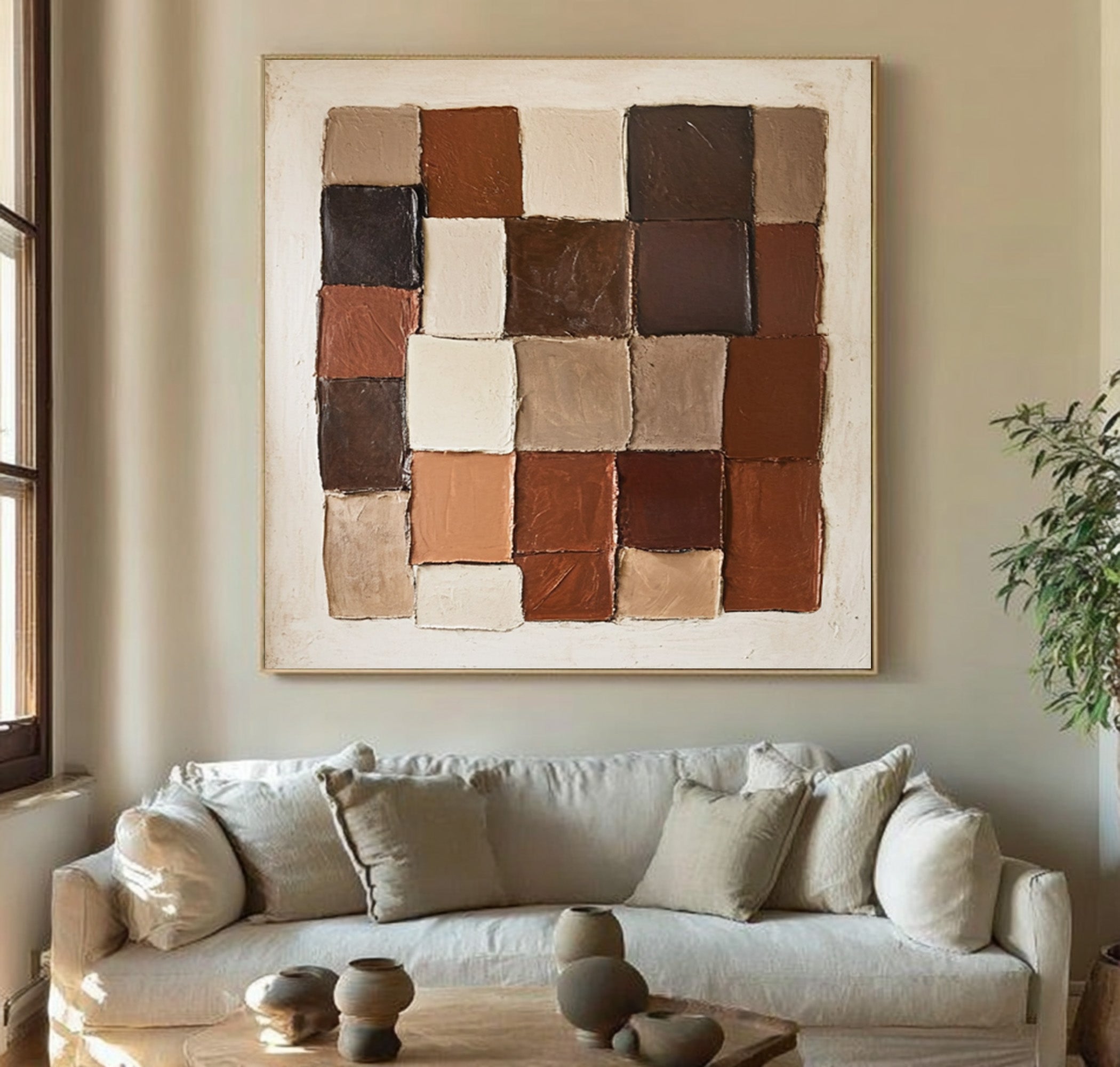Large Modern Abstract Oil Painting, Earth-Tone Geometric Wall Art for Contemporary Interiors #WAC 008
