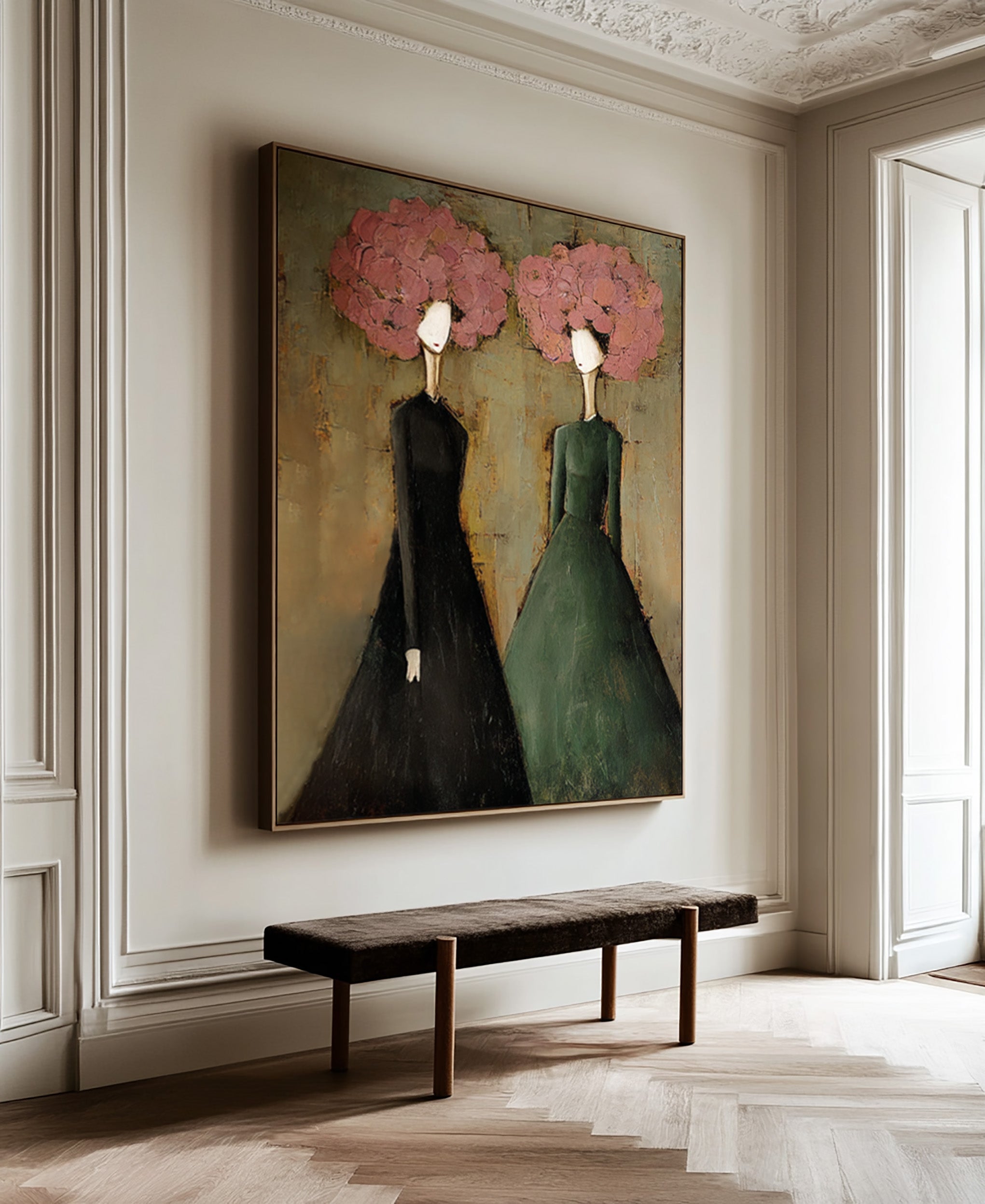 Large Modern Portrait Oil Painting on Canvas – Green Figurative Statement Wall Art #WAC 037