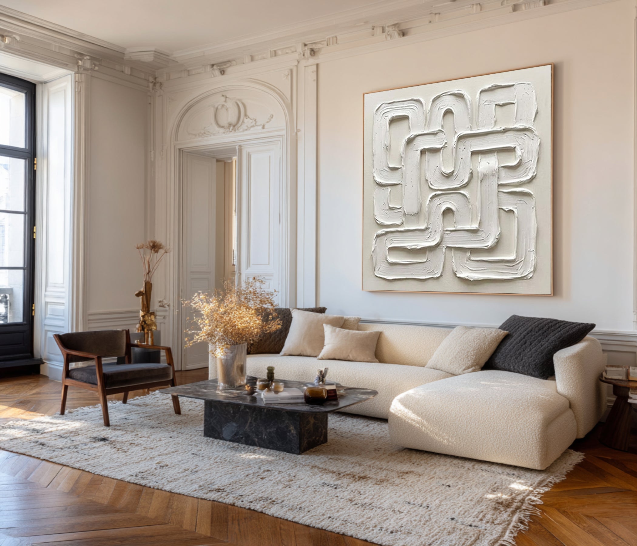 Large Continuous Line Wall Art Contemporary Neutral Textured Painting
