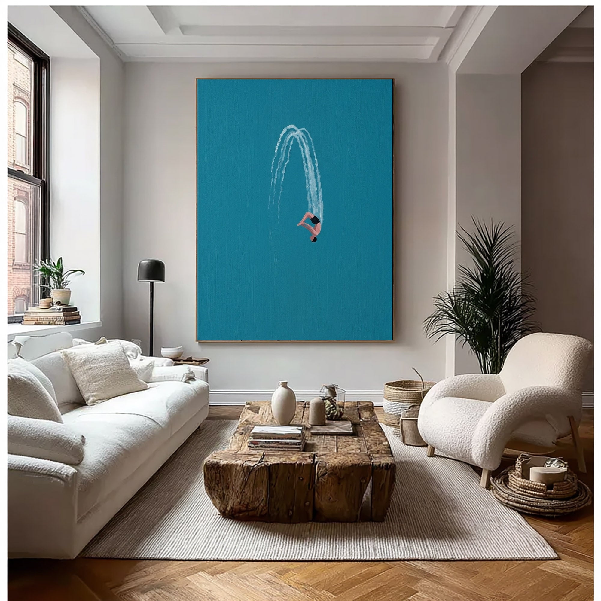 Large Swimming Wall Art Modern Diver Oil Painting Minimalist Coastal Artwork