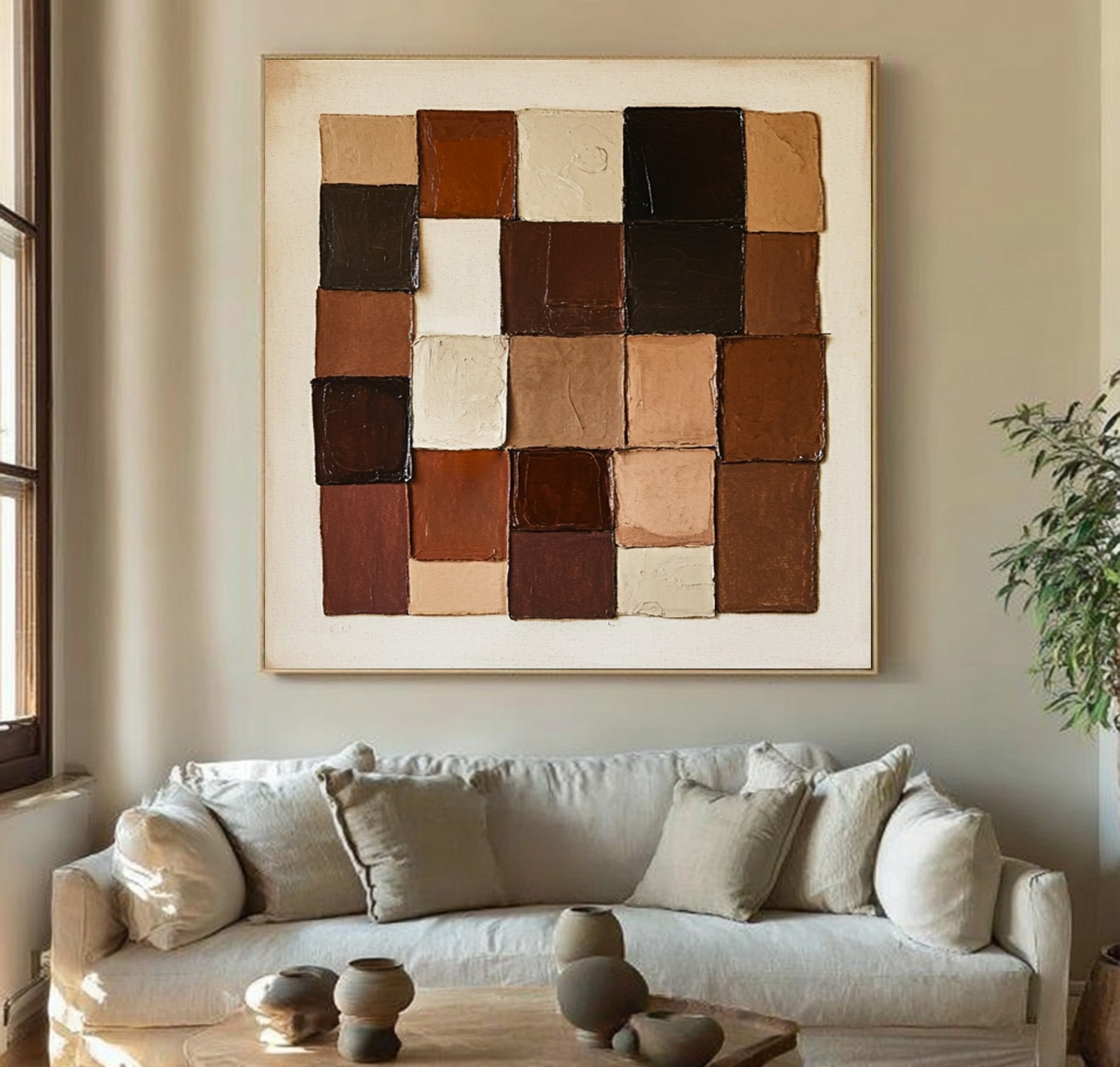 Large Geometric Block Abstract Oil Painting, Earth Tone Wall Art for Modern Entryway Decor #WAC 010