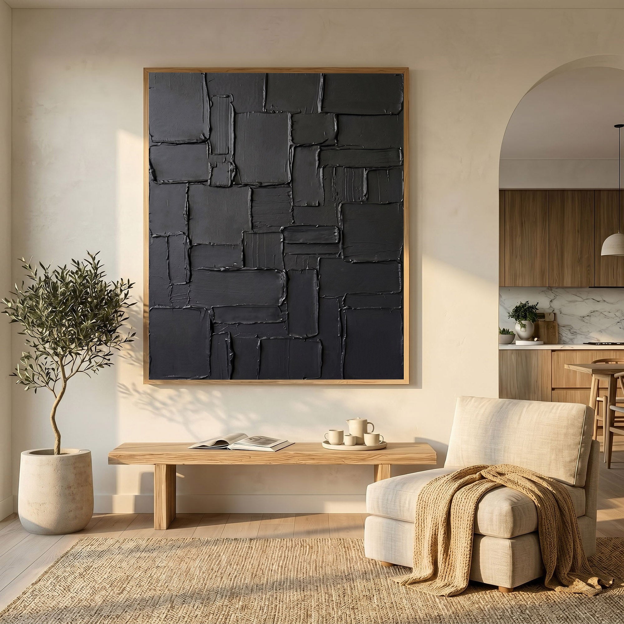 Black Textured Wall Art Abstract Plaster Relief Painting Modern 3D Impasto Minimalist Luxury Decor