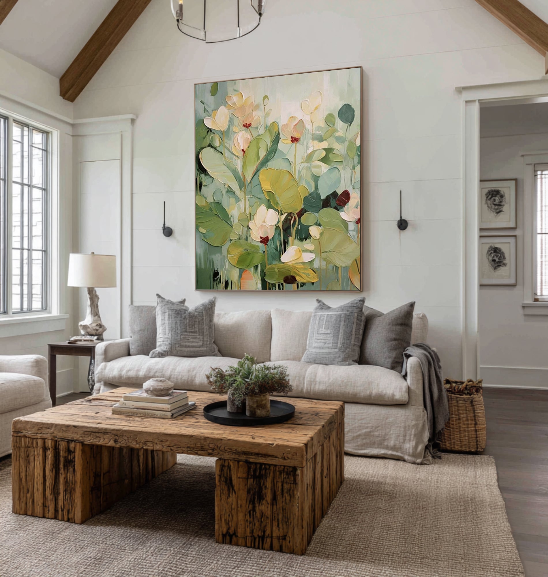 Large Botanical Floral Painting Green Neutral Wall Art