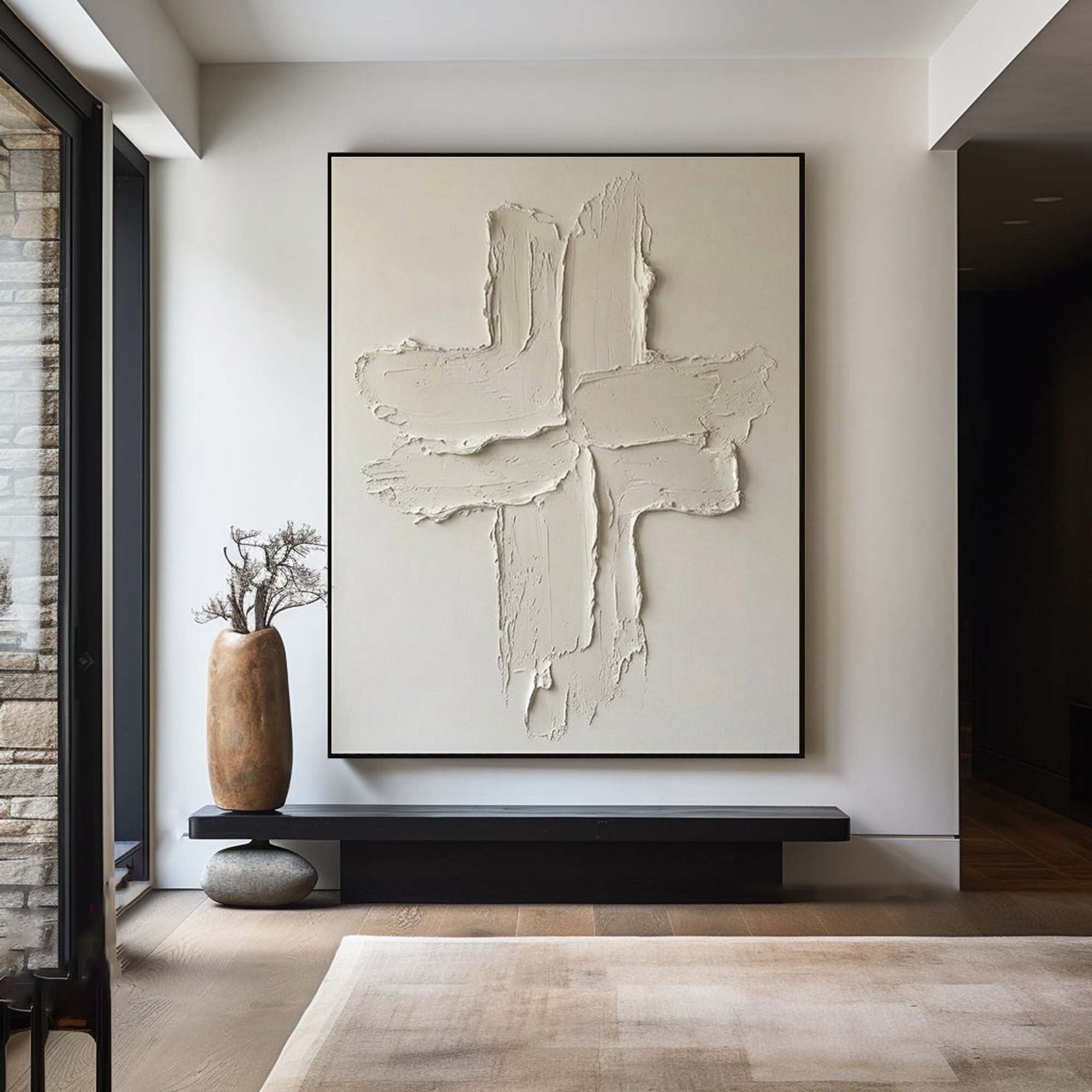 Large Minimalist Oil Painting with Raw Textured Cross Composition