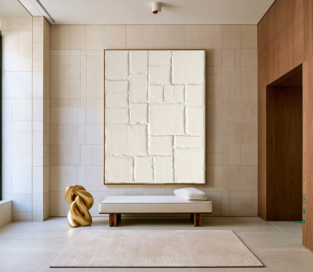 Large Neutral Geometric Patchwork Relief Wall Art Ivory Cream Abstract Oil Painting Raised Rectangular Blocks Textured Sculptural Artwork Modern Minimalist Luxury Home Decor