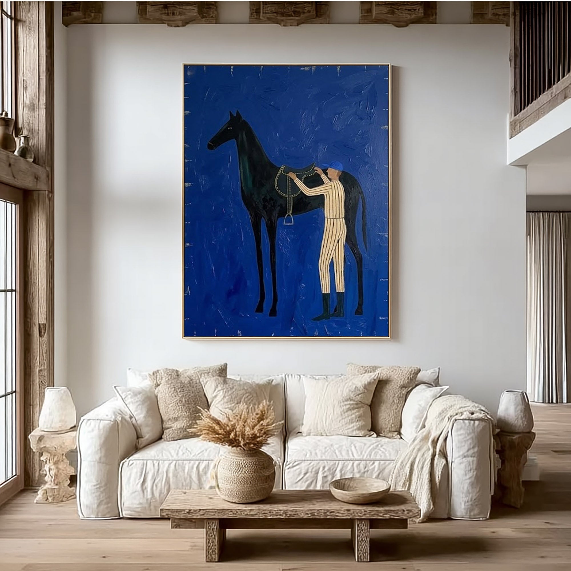 Large Abstract Cowboy Equestrian Oil Painting Blue Wall Art