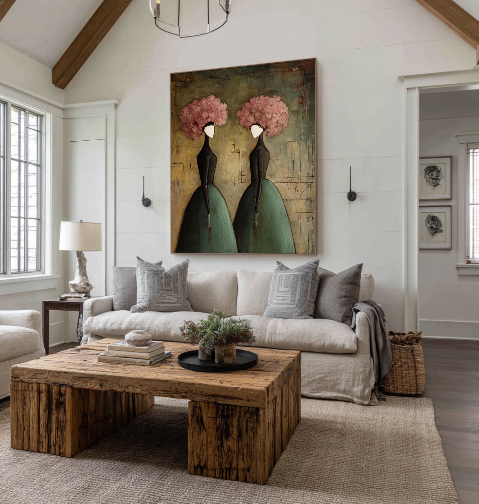 Large Elegant Figurative Wall Art Vintage Floral Portrait Painting