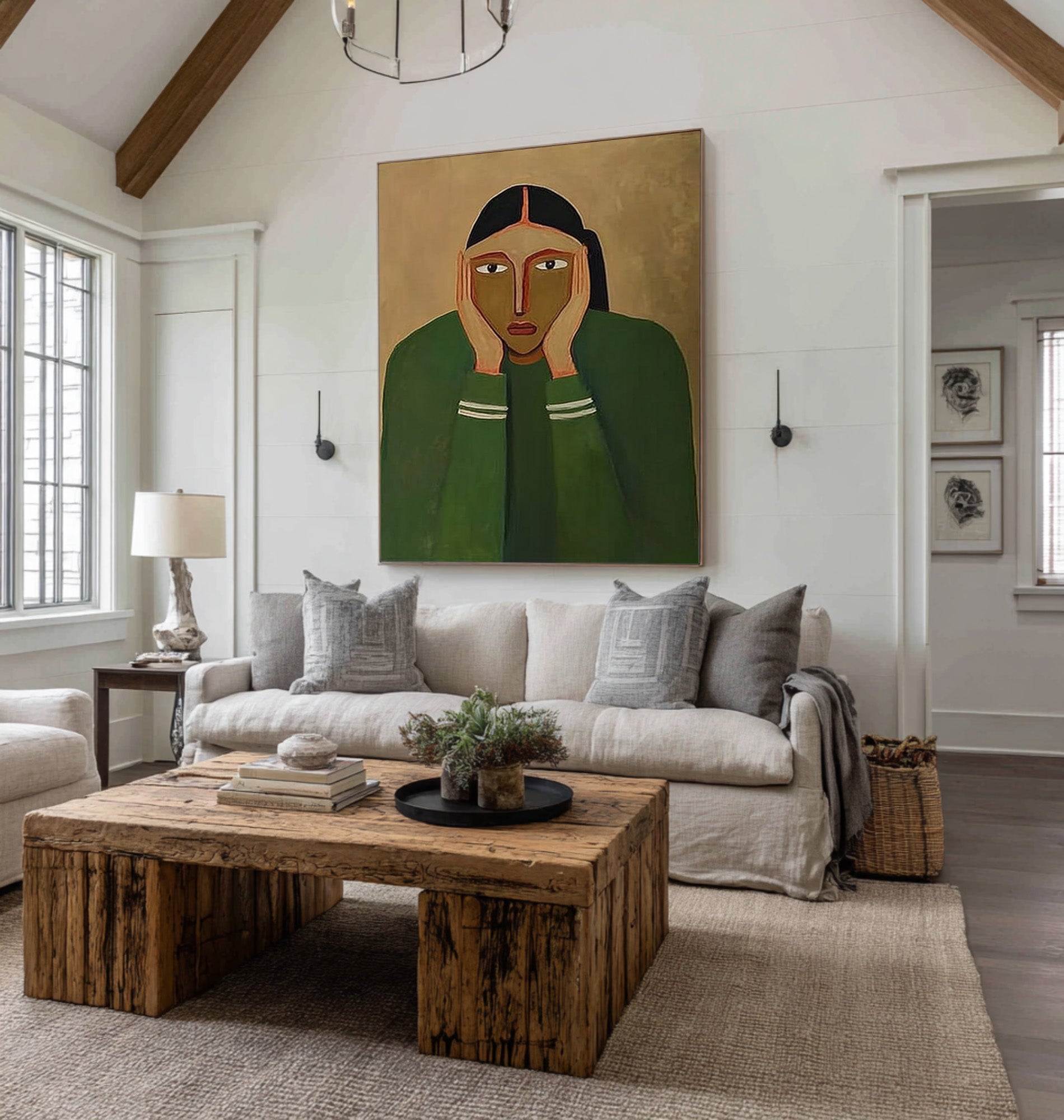 Large Modern Abstract Portrait Oil Painting in Green Tones, Emotional Wall Art for Living Room #WAC 030