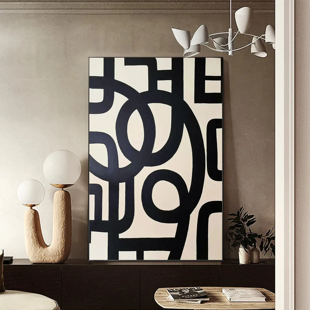 Large Modern Abstract Oil Painting, Black and White Geometric Wall Art for Living Room #WAC 031