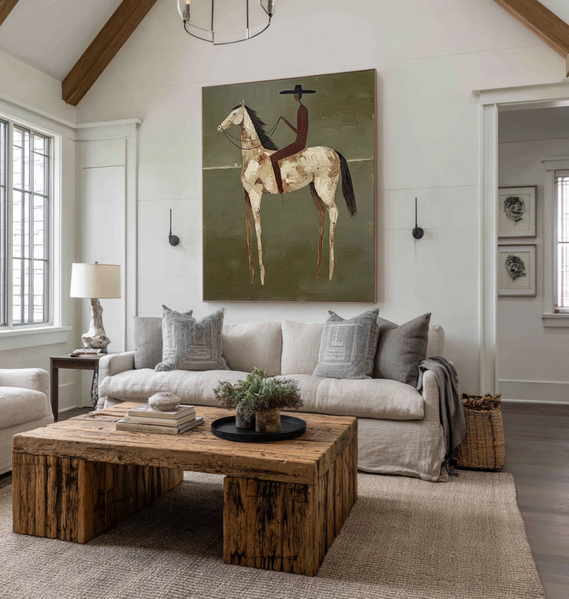 Large Minimalist Horse Rider Painting Contemporary Olive Green Wall Decor