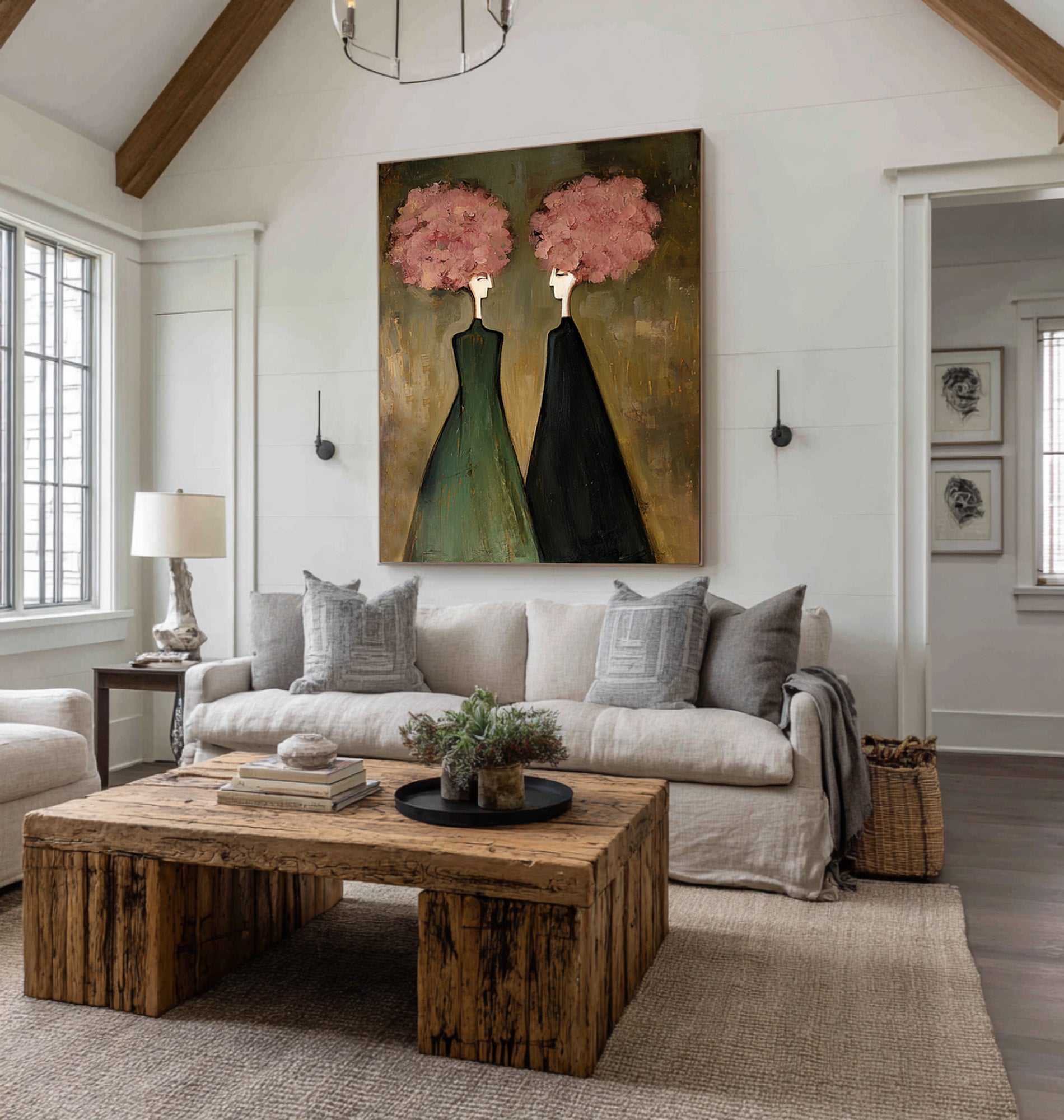 Large Modern Figurative Oil Painting on Canvas – Elegant Pink Portrait Wall Art #WAC 033