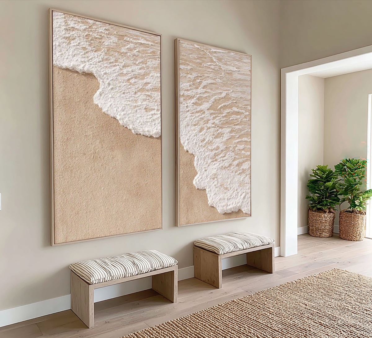The Edge Of The Tide Large Textured Coastal Diptych White Wave Beach Wall Art Contemporary Artwork