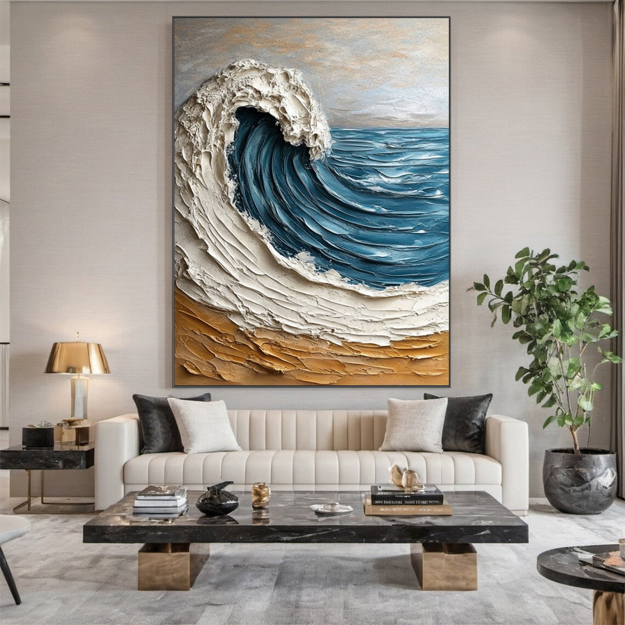 Luxury Ocean Wave Art with 3D Textured Finish for Upscale Homes #OP 044