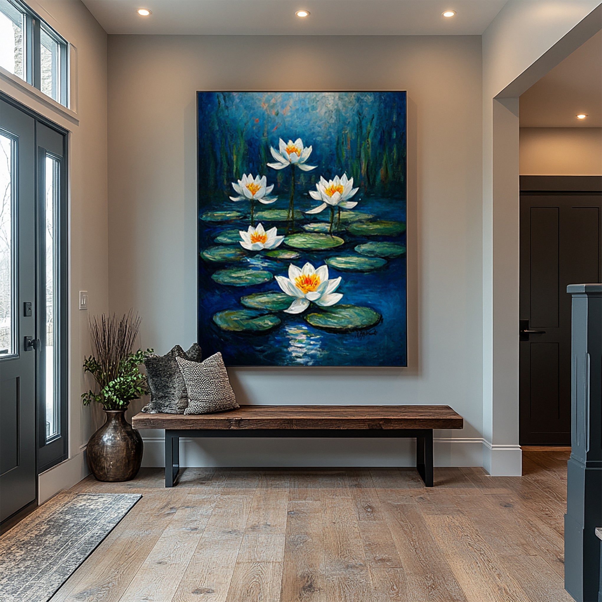 Contemporary Painting of Luminous White Lilies Under Moonlight #BGA 362