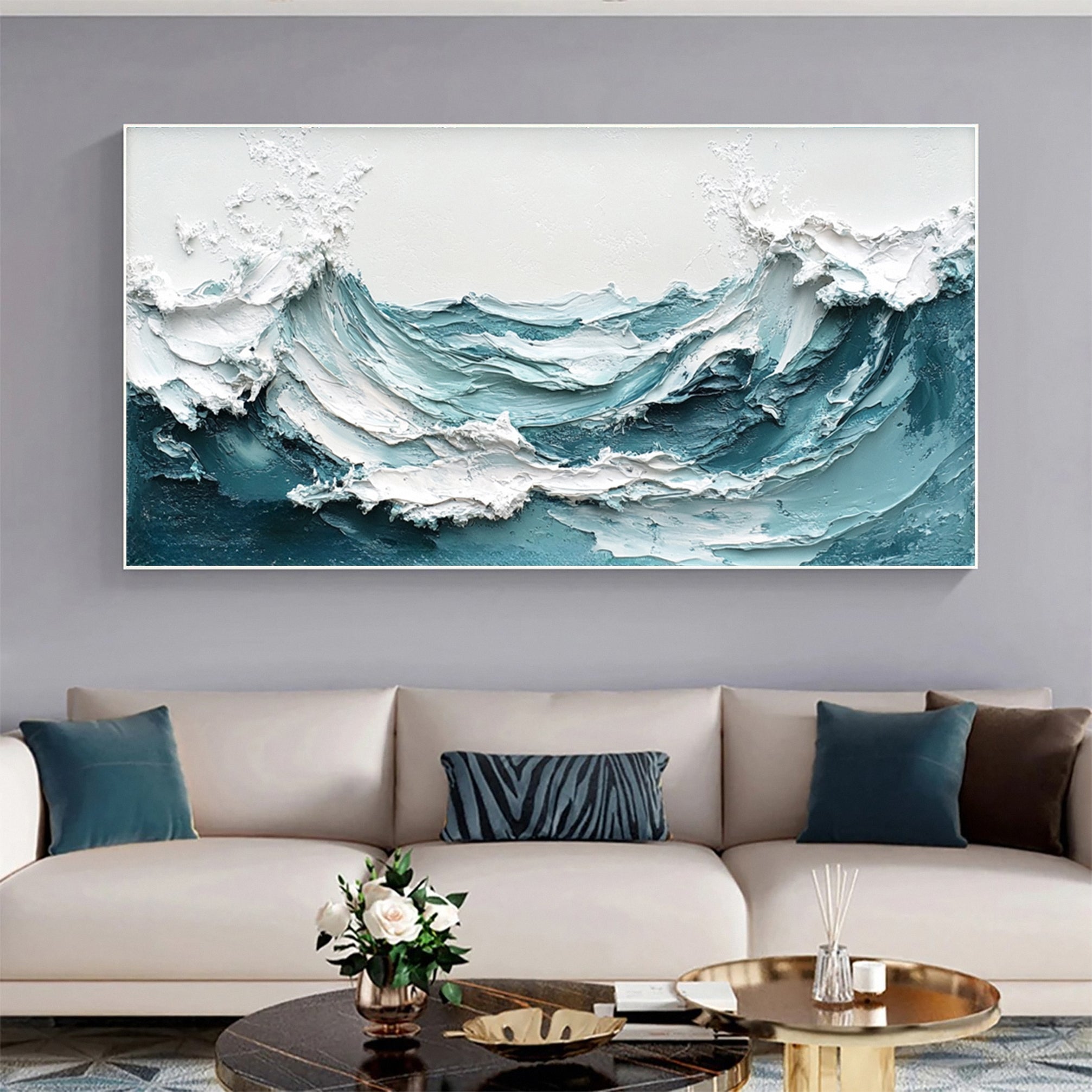 Marine Elegance Luxurious Blue Waves Oil Canvas for Modern Interiors #OP 009