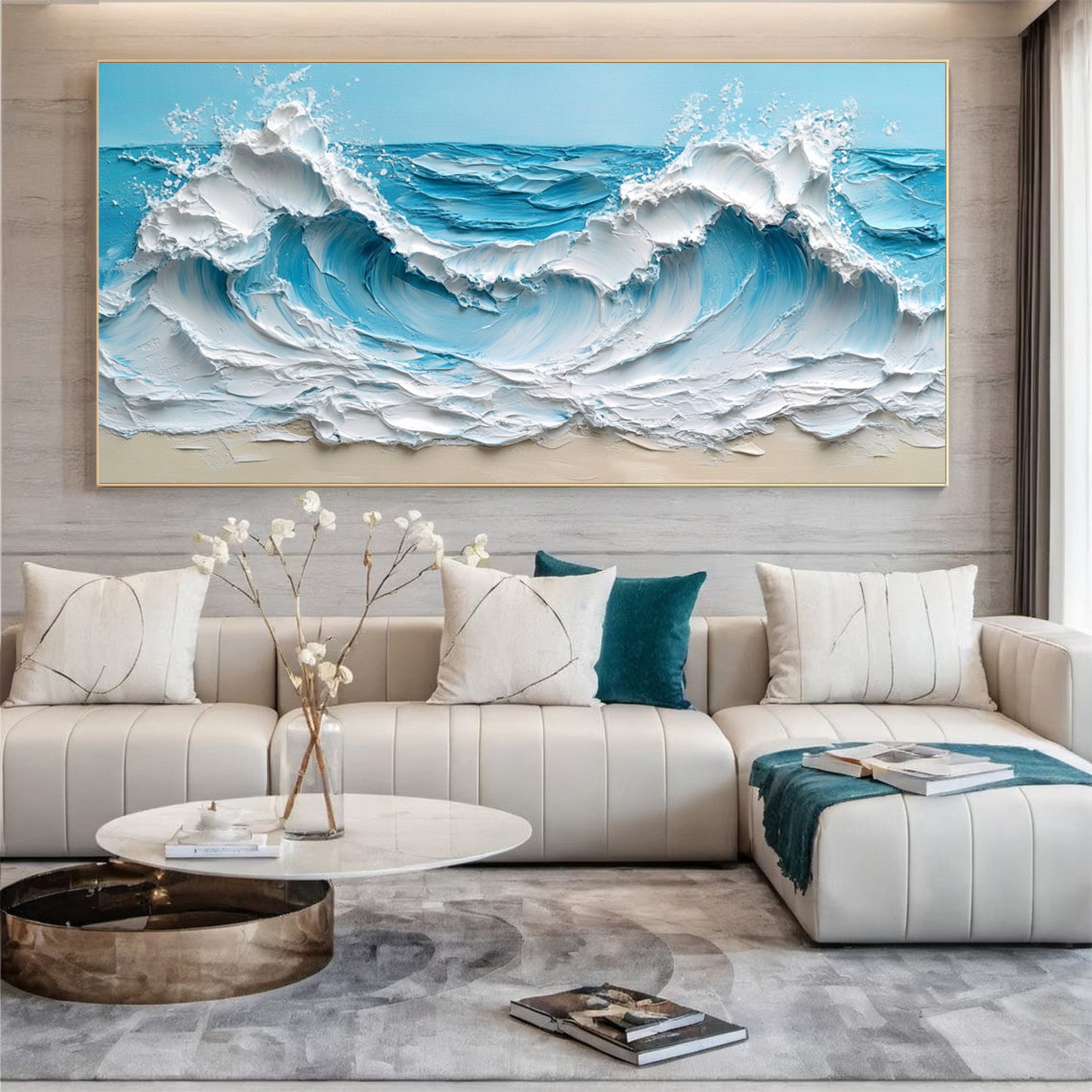 Coastal Serenity Textured Ocean Waves Oil Painting for Living Room #OP 005