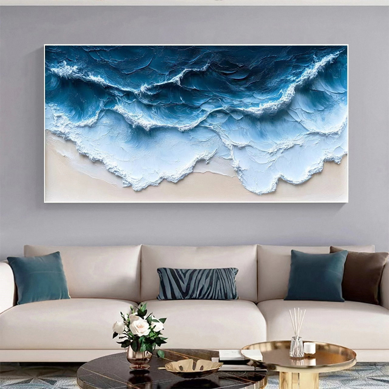 Coastal Serenity Textured Ocean Waves Oil Painting for Living Room #OP 004