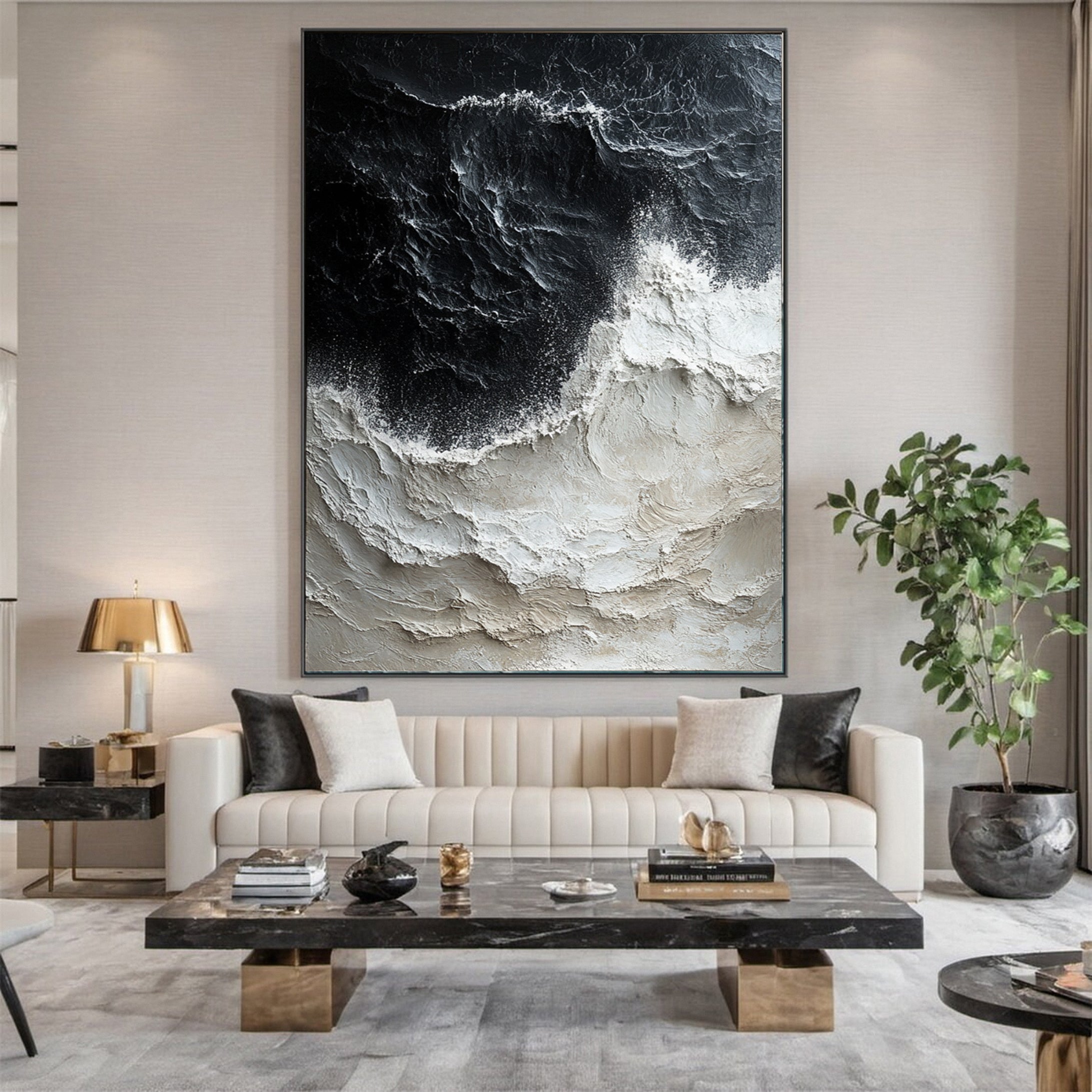 Black White 3D Textured Painting, Wave Abstract Art, White Wave Minimalist authentic Painting, Black Abstract Painting White Abstract Wall Art