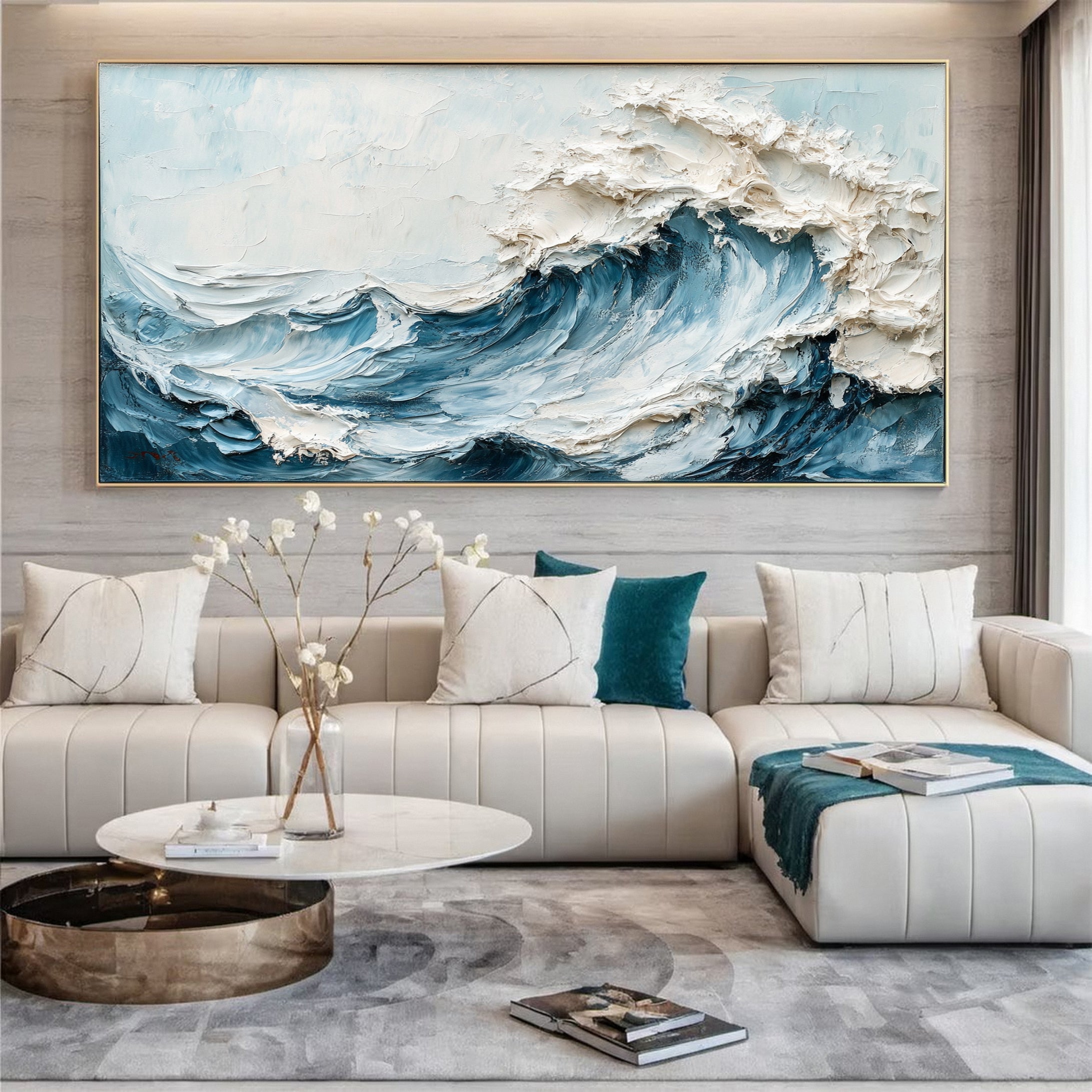 Marine Elegance Luxurious Blue Waves Oil Canvas for Modern Interiors #OP 008