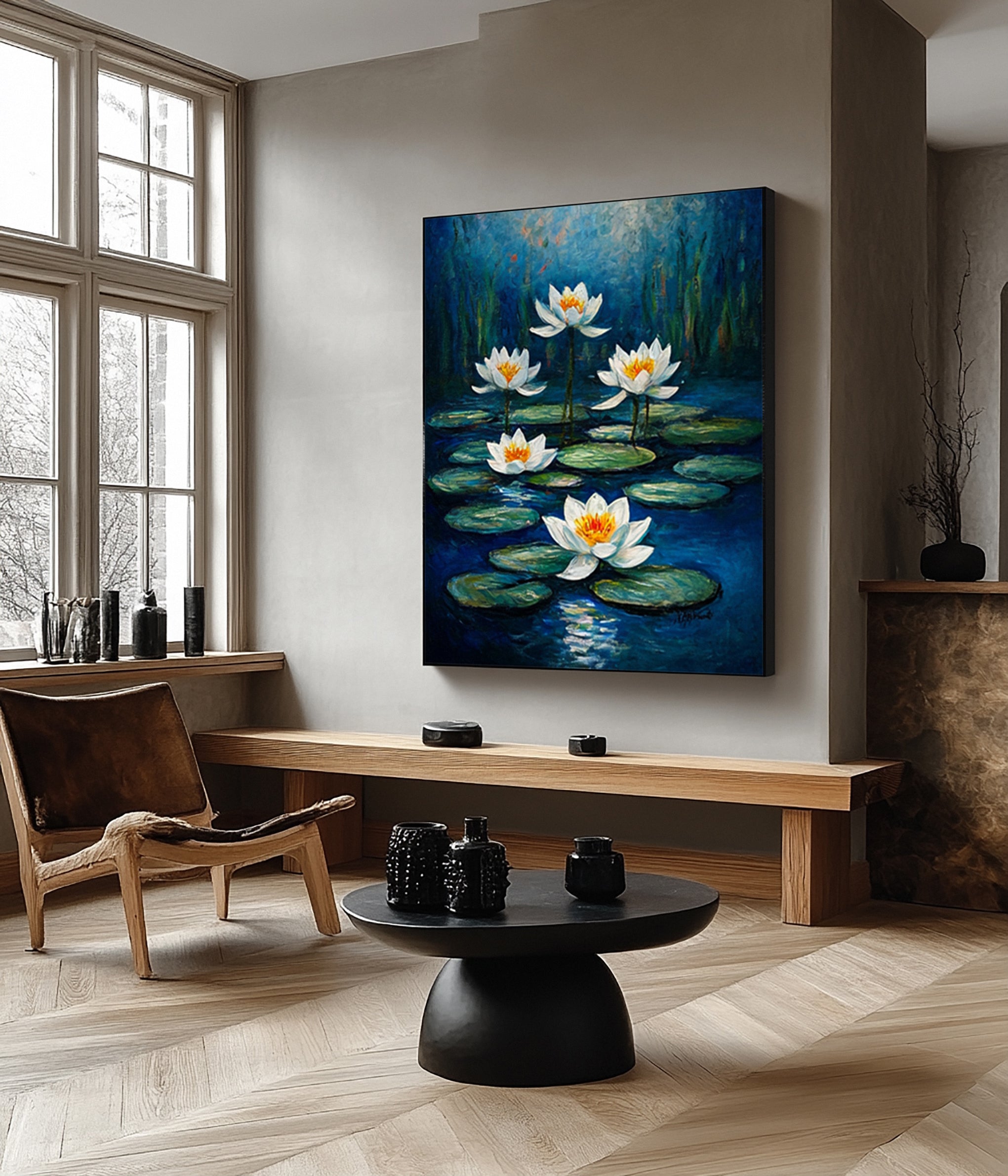 Contemporary Painting of Luminous White Lilies Under Moonlight #BGA 362
