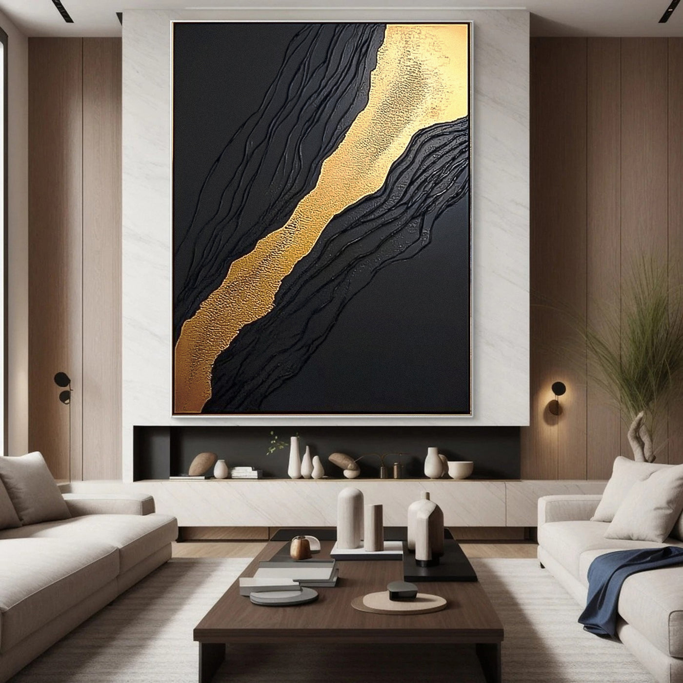 Luxury Textured Wall Art in Black and Gold for Upscale Interior Design