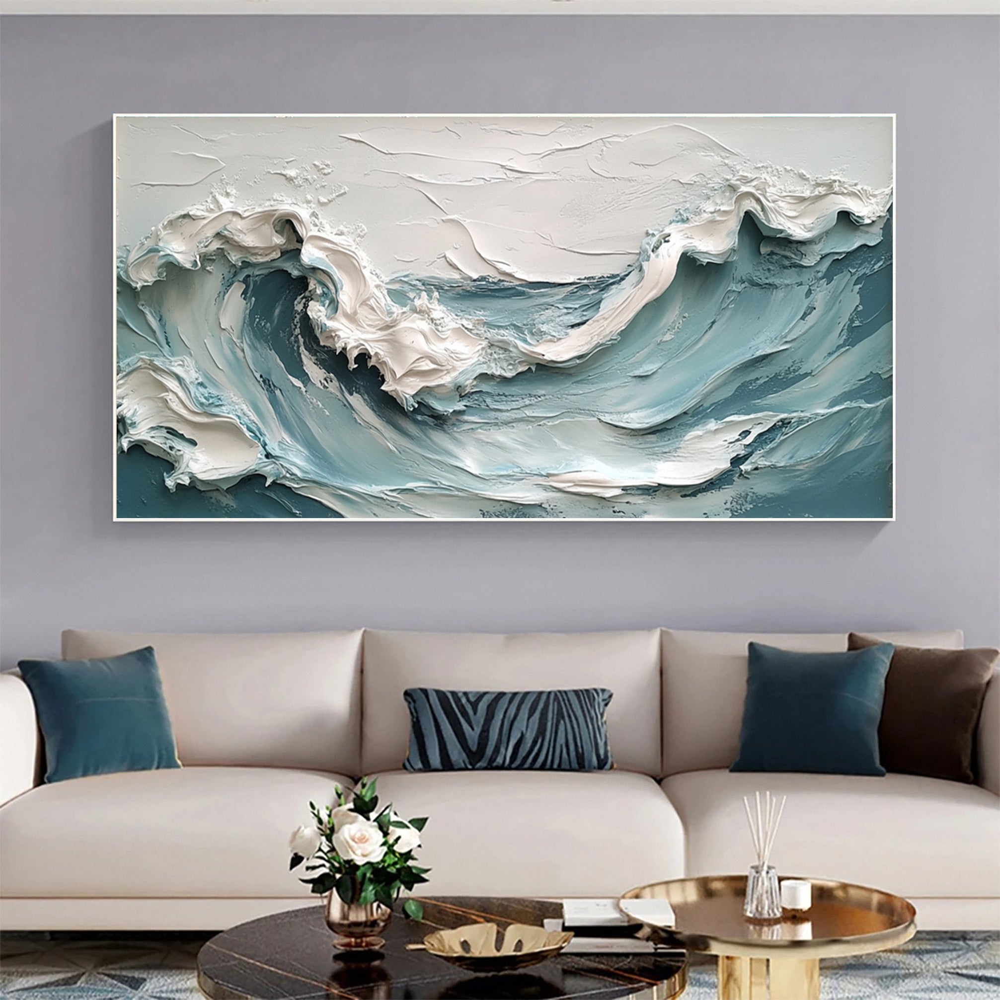 Marine Elegance Luxurious Blue Waves Oil Canvas for Modern Interiors #OP 010