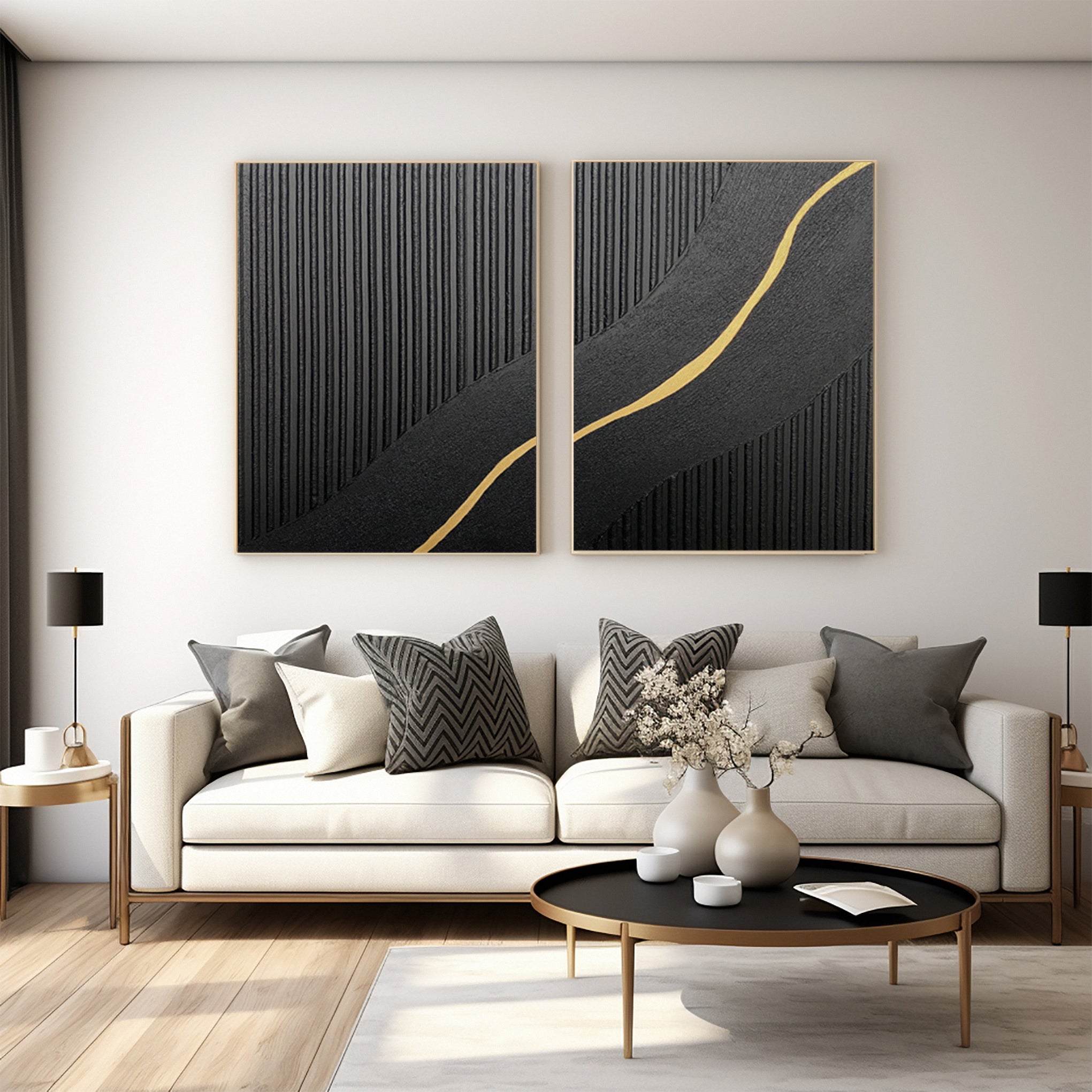 Textured Black Diptych with a Curving Gold Accent Unfurling #BGA 312