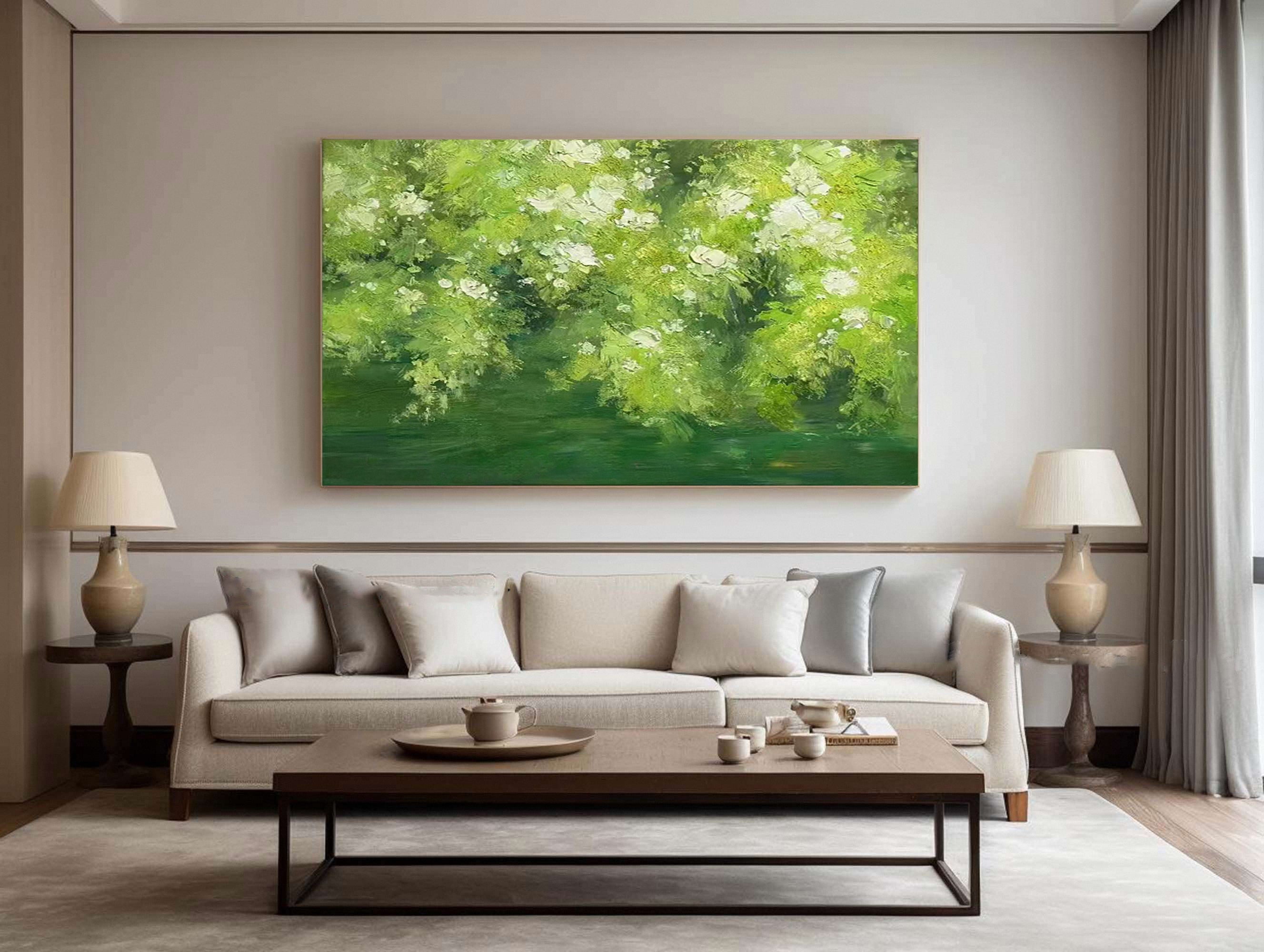 Impressionistic Landscape with White Blossoms Over Water #BGA 356