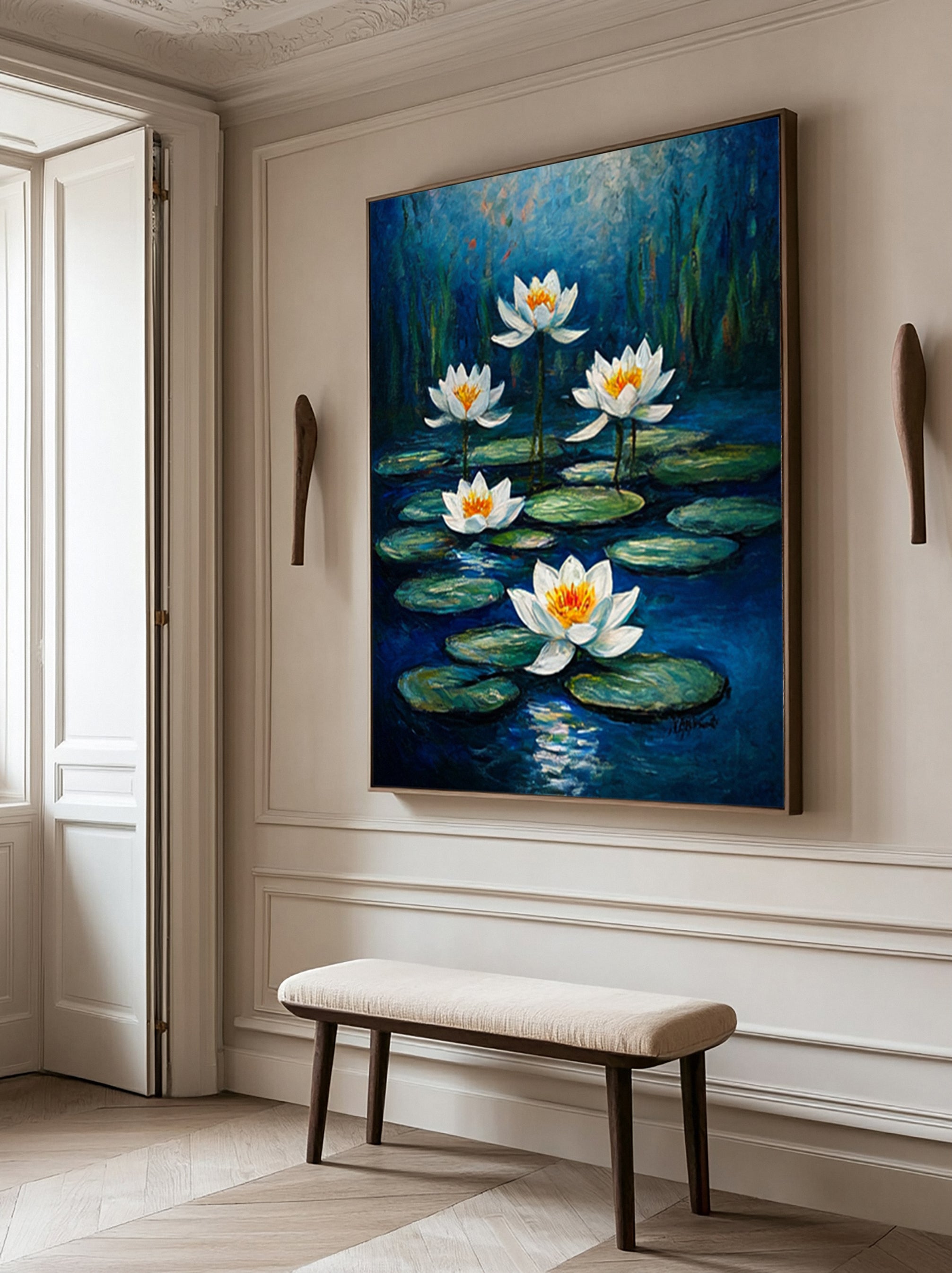 Contemporary Painting of Luminous White Lilies Under Moonlight #BGA 362