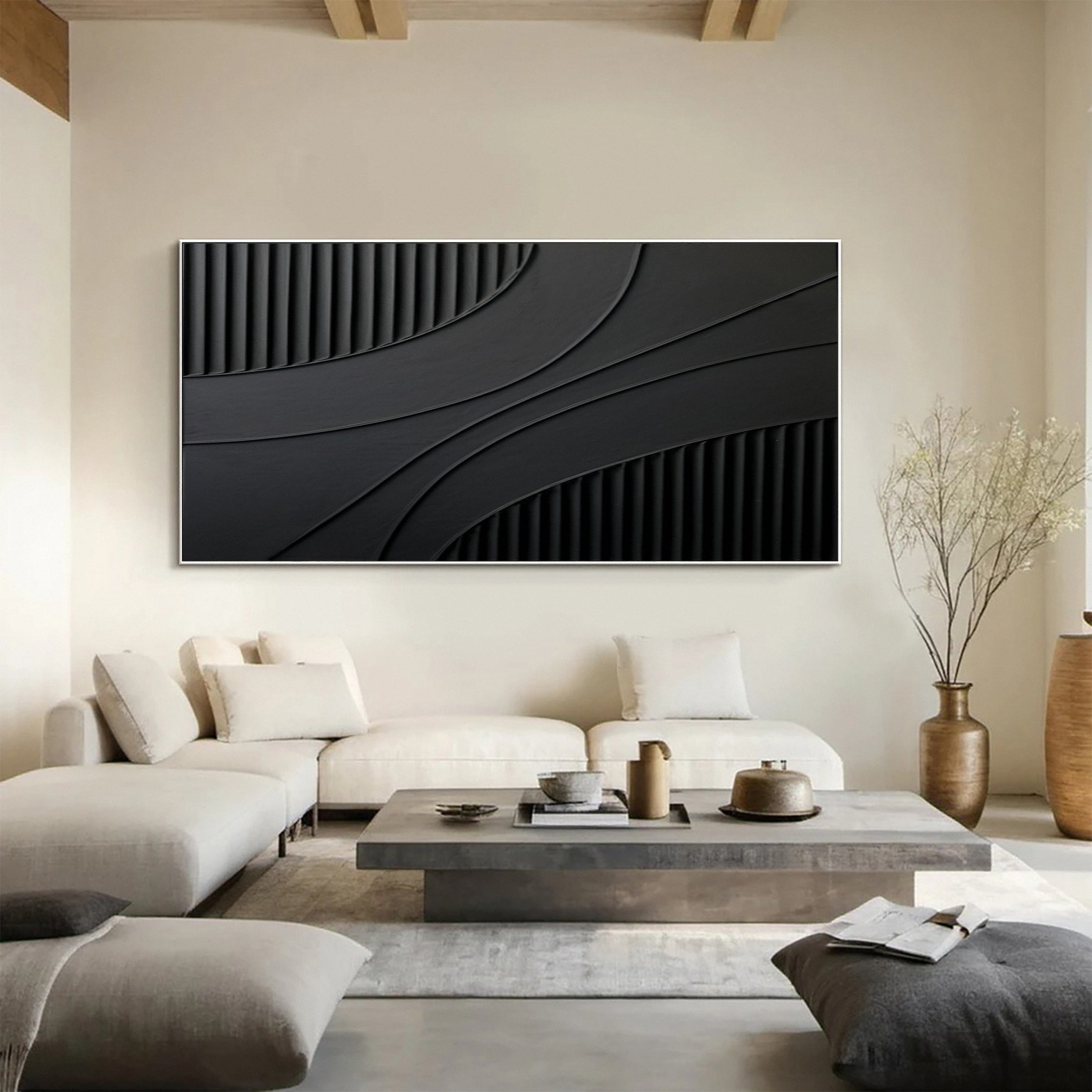 Black Abstract with Vertical Striations and Overlapping Curves #BGA 331