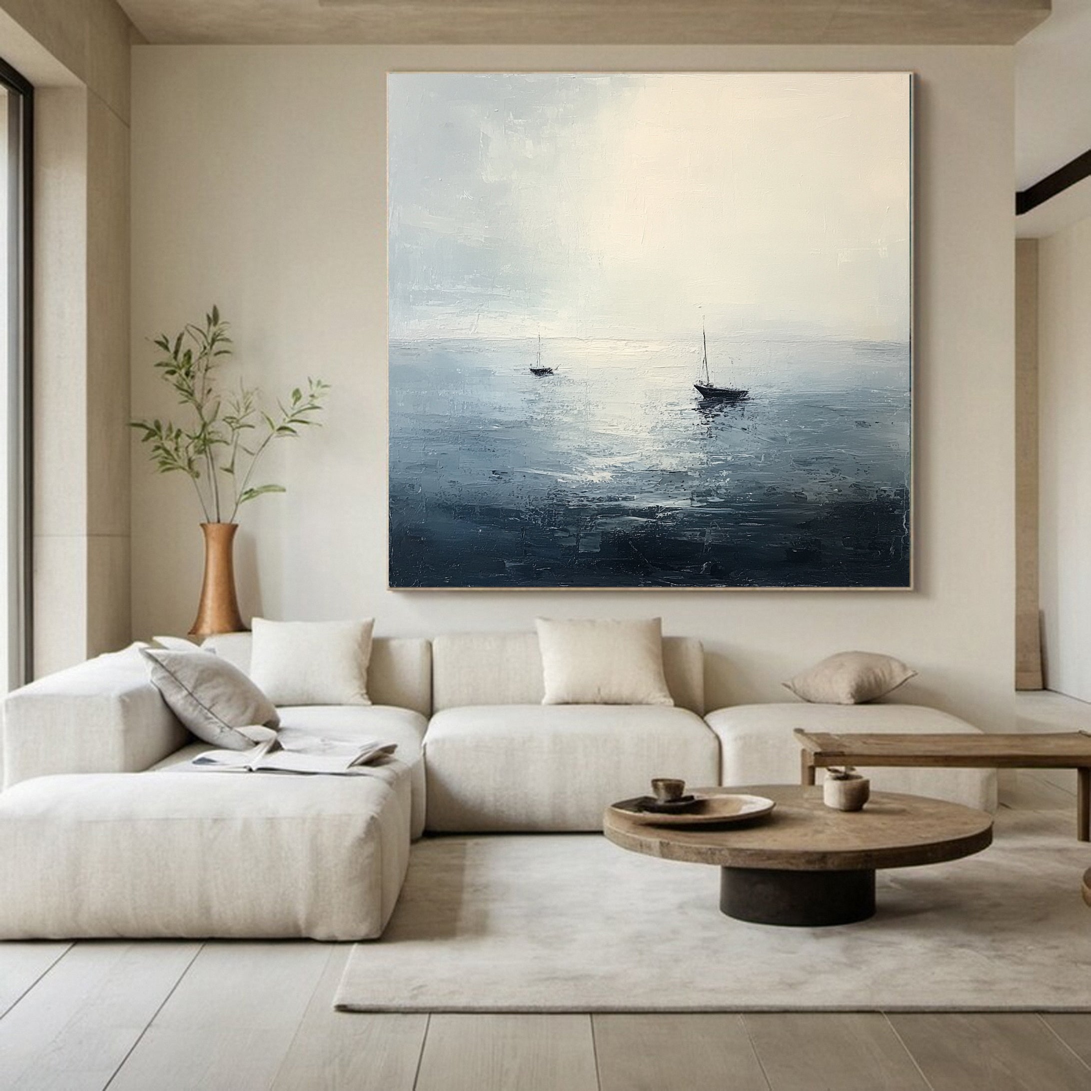 Peaceful Escape Serene Ocean with Distant Boats Canvas Art #OP 050