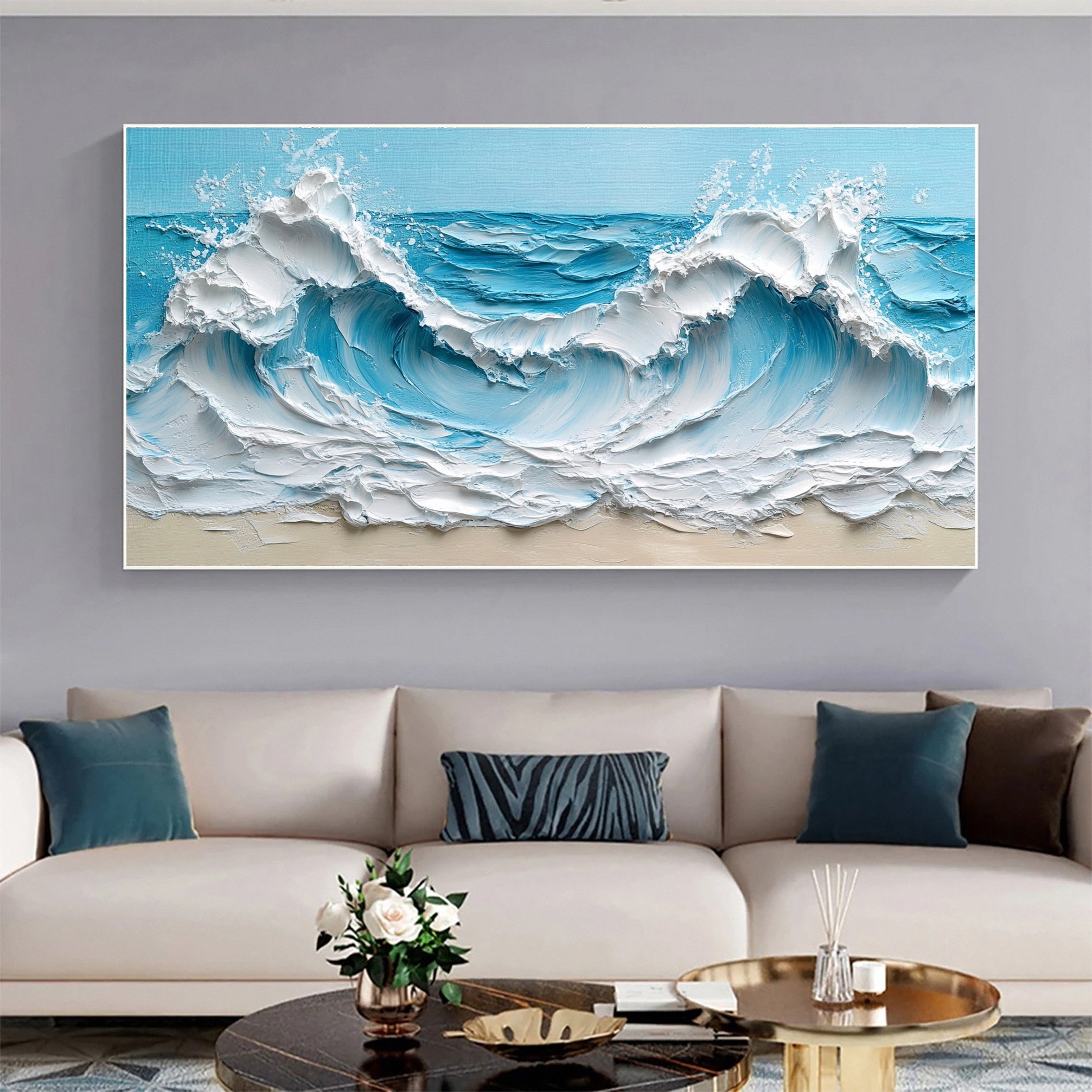 Coastal Serenity Textured Ocean Waves Oil Painting for Living Room #OP 005