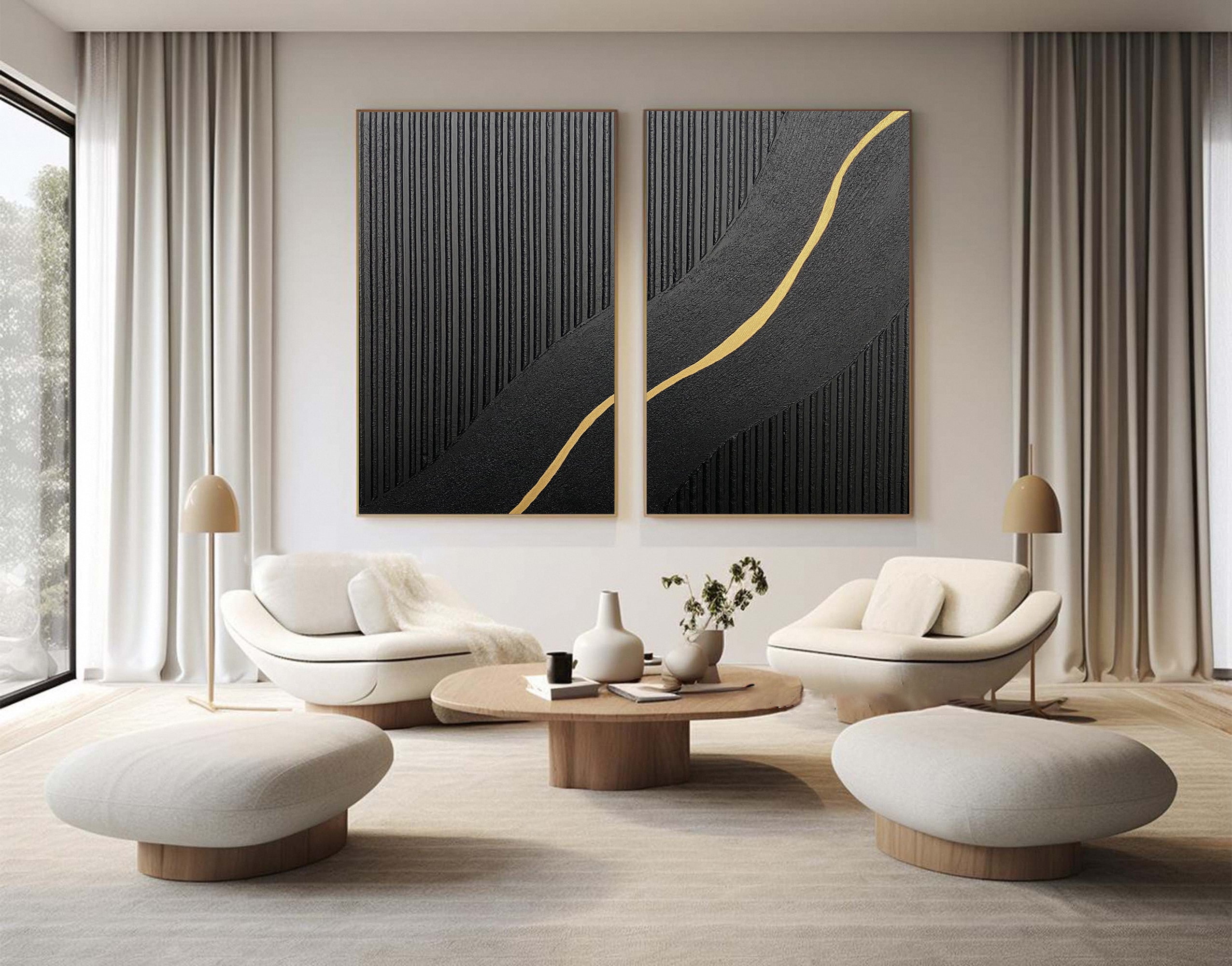 Textured Black Diptych with a Curving Gold Accent Unfurling #BGA 312