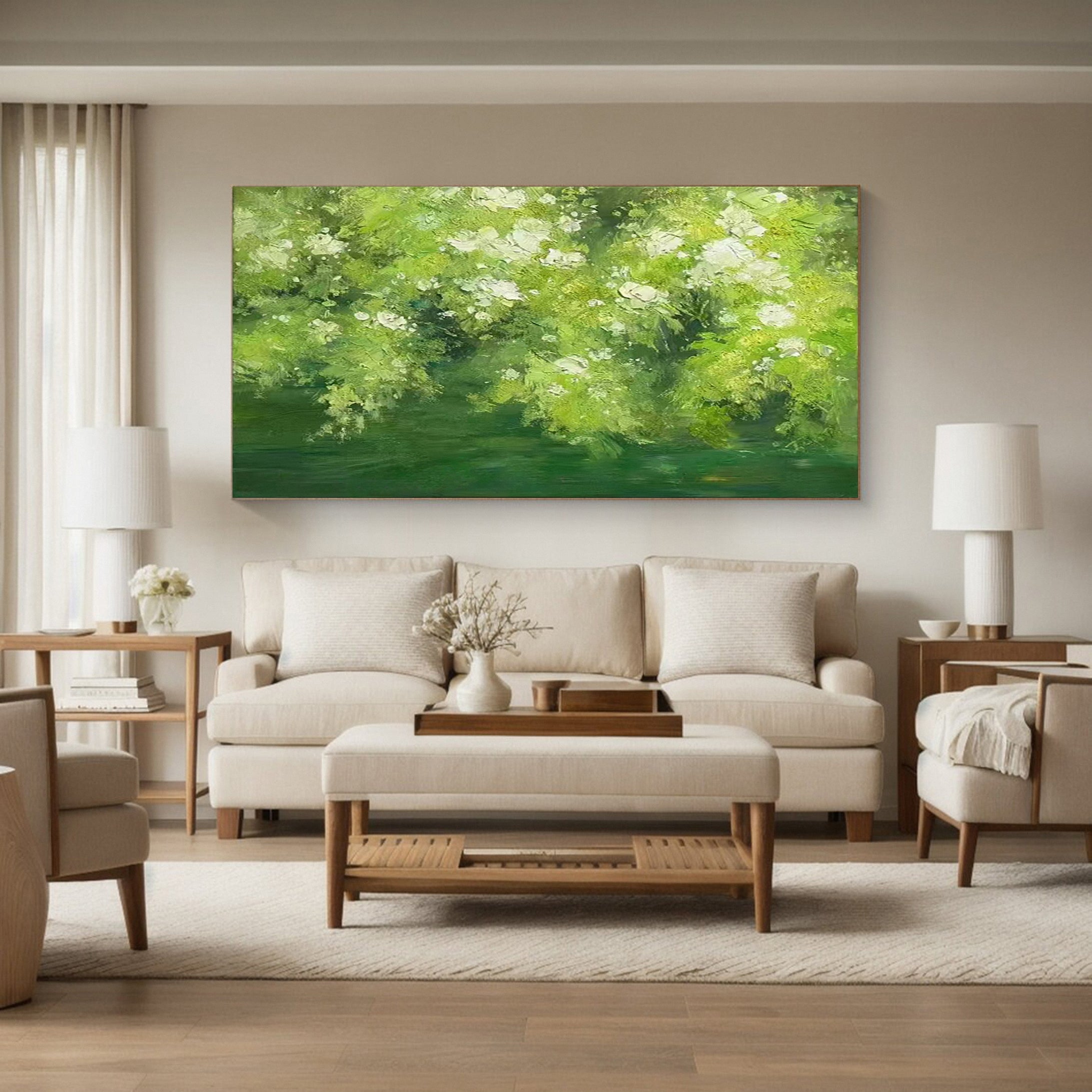 Impressionistic Landscape with White Blossoms Over Water #BGA 356