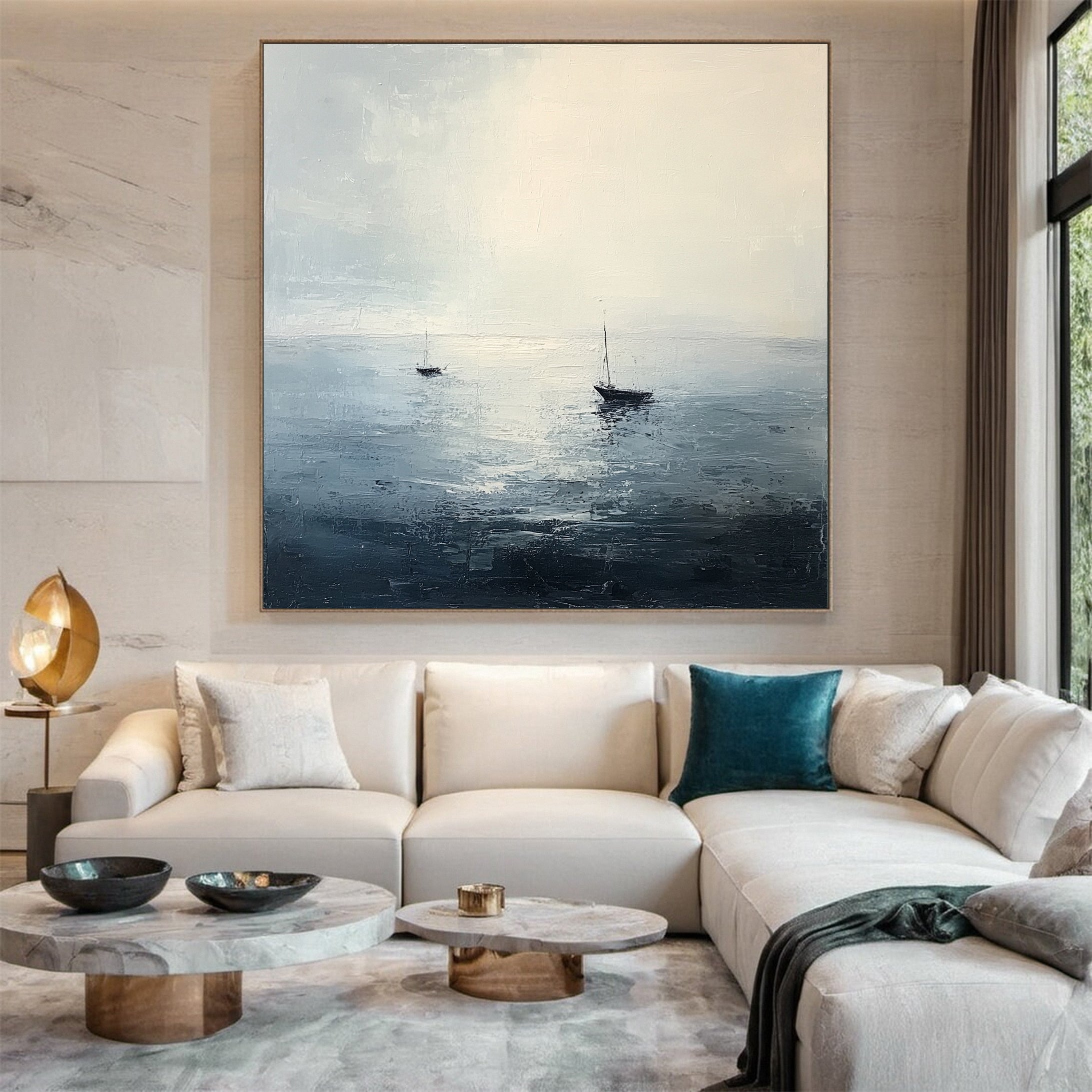 Peaceful Escape Serene Ocean with Distant Boats Canvas Art #OP 050