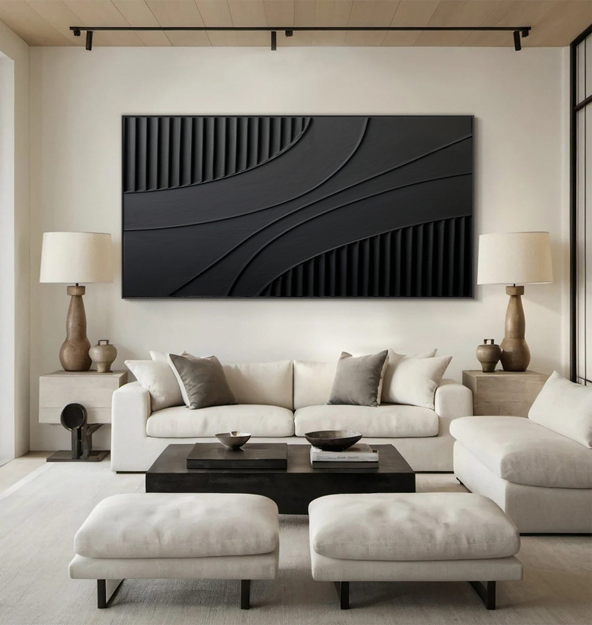 Black Abstract with Vertical Striations and Overlapping Curves #BGA 331