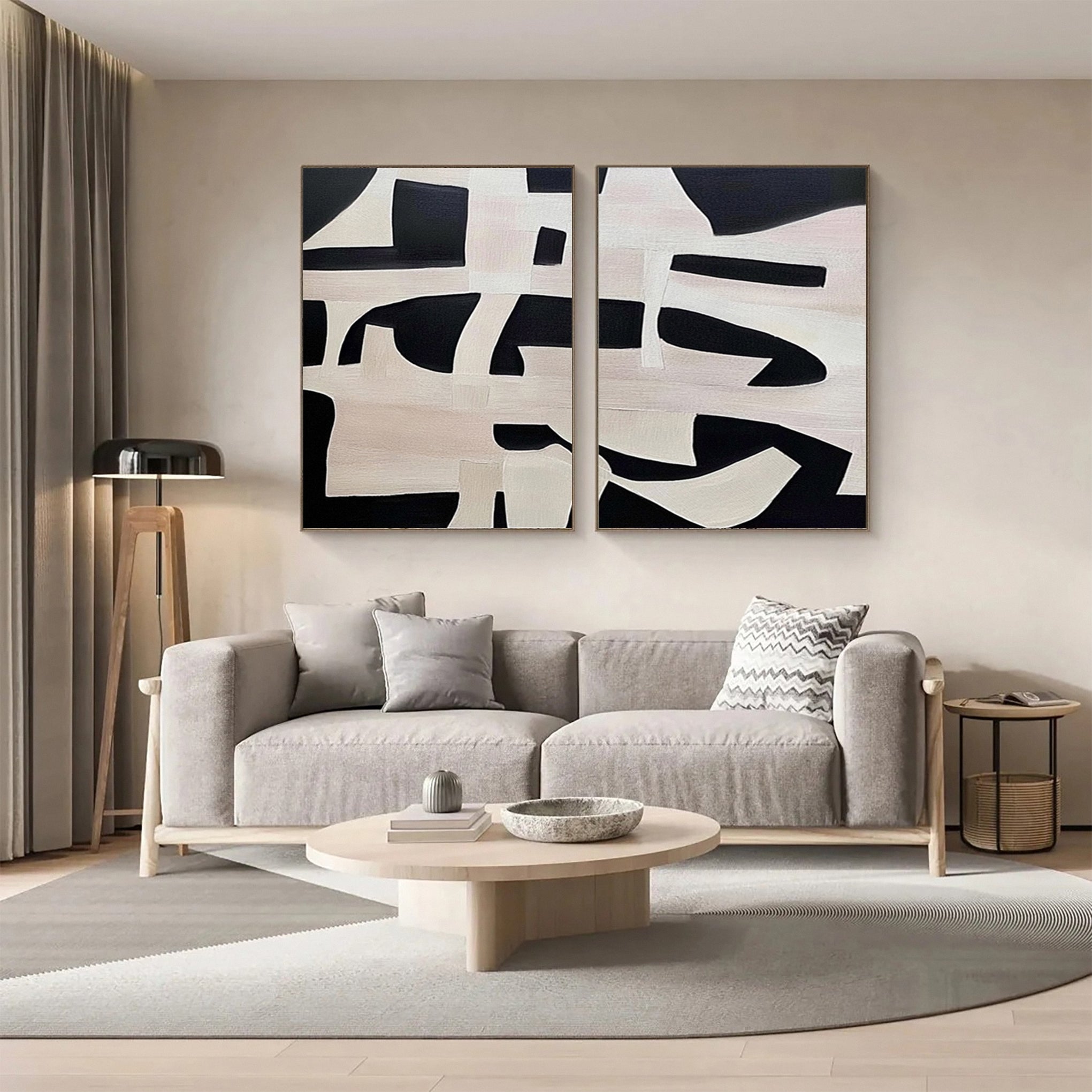 Monochrome Geometry Modern Art Canvas Set Of 2 #BWA 015