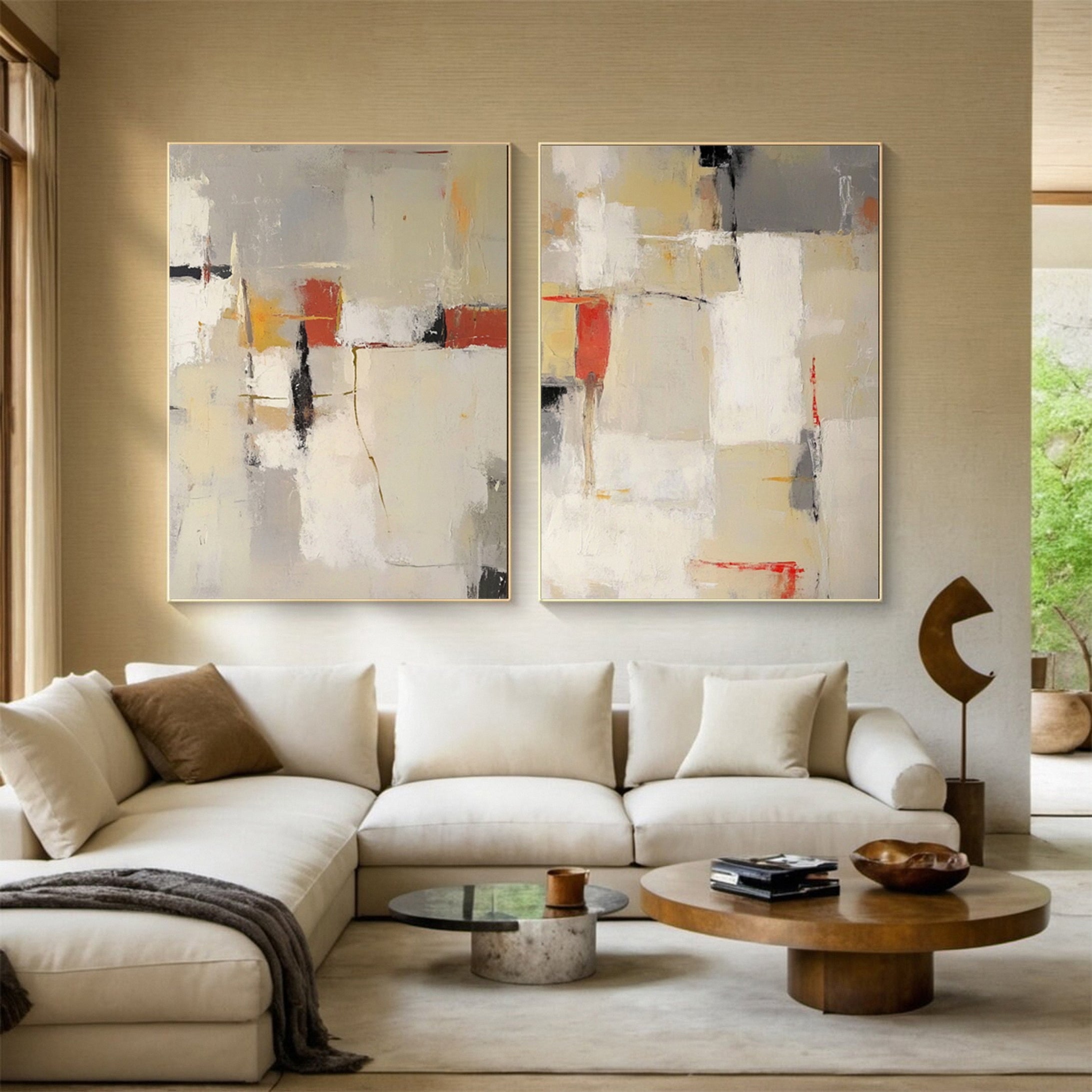 Neutral Palette Abstract Art with Vibrant Accents Canvas Set Of 2 #BBA 087