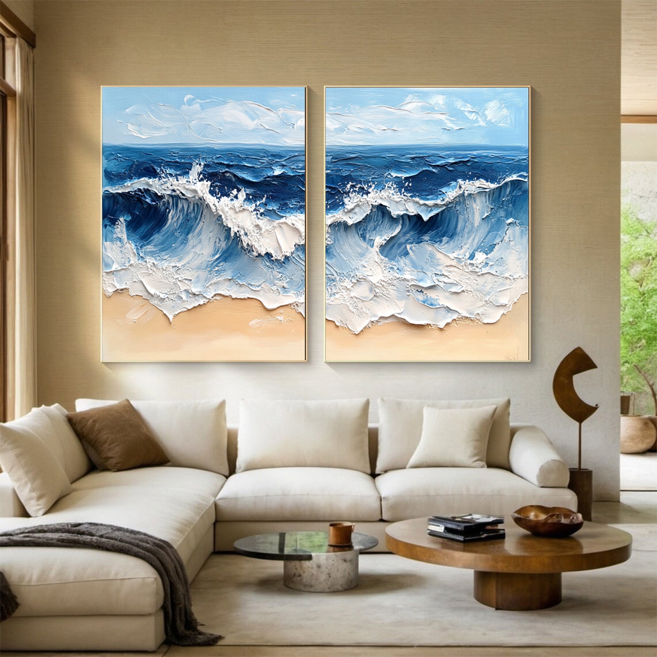 Modern Maritime Canvas Luxurious Textured Ocean Waves Art Set Of 2 #BBS 029