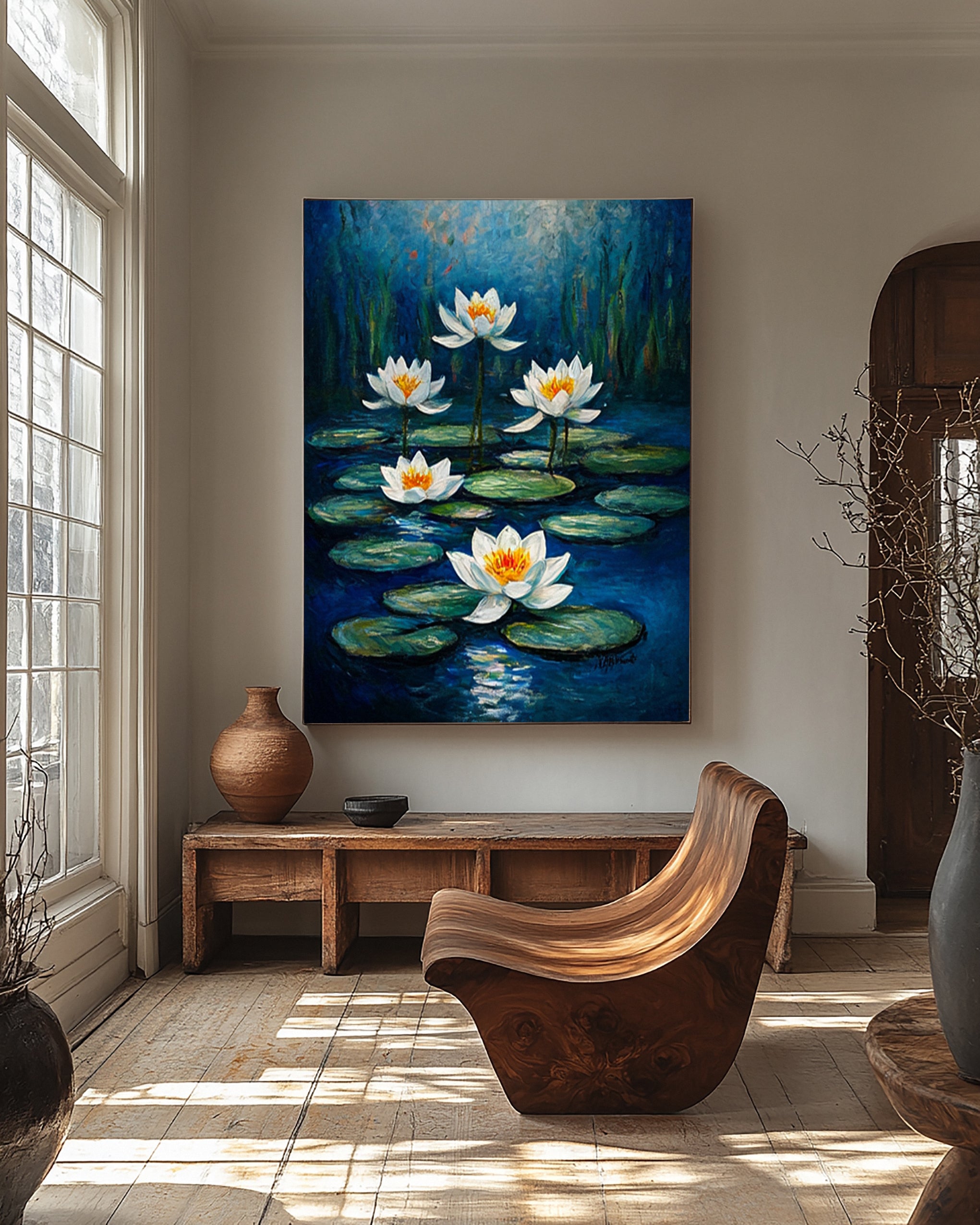 Contemporary Painting of Luminous White Lilies Under Moonlight #BGA 362