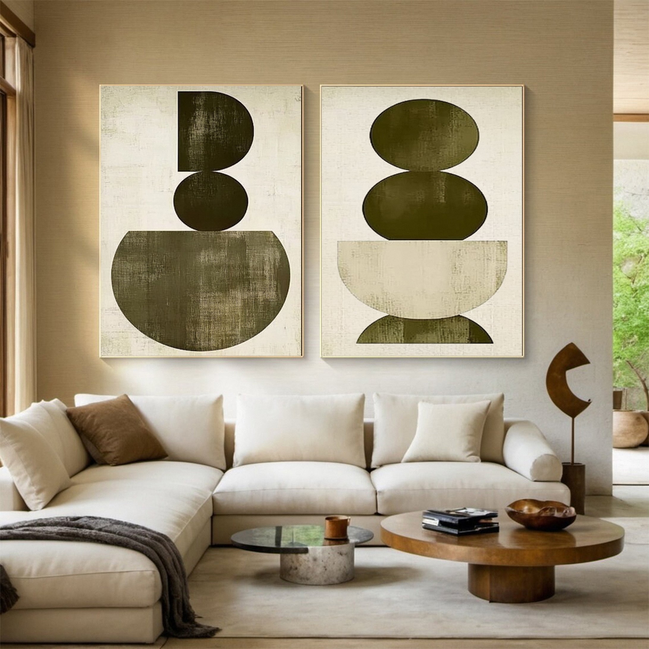 Large Wabi Sabi Geometric Abstract Canvas Art Set Of 2 #WS 051