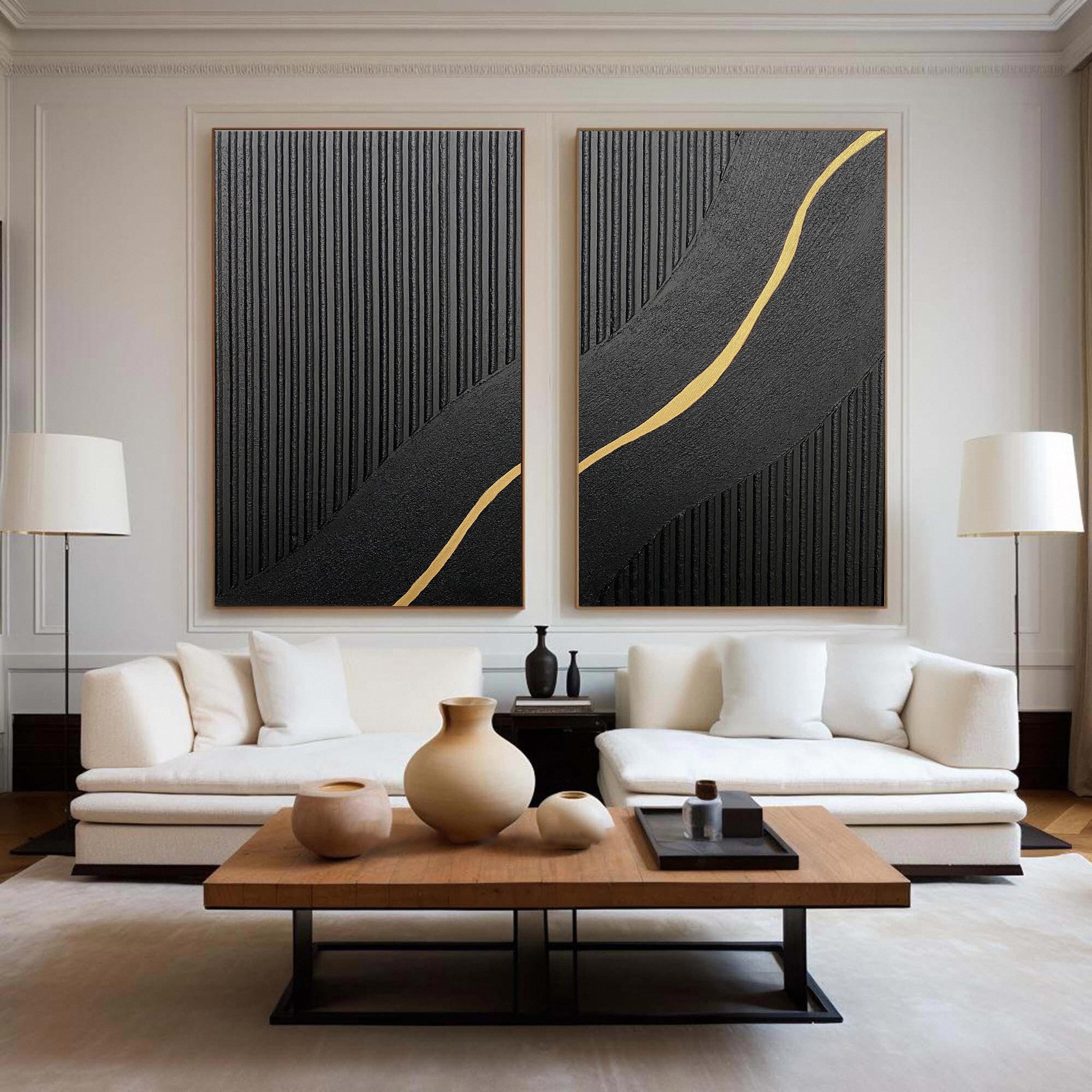 Textured Black Diptych with a Curving Gold Accent Unfurling #BGA 312