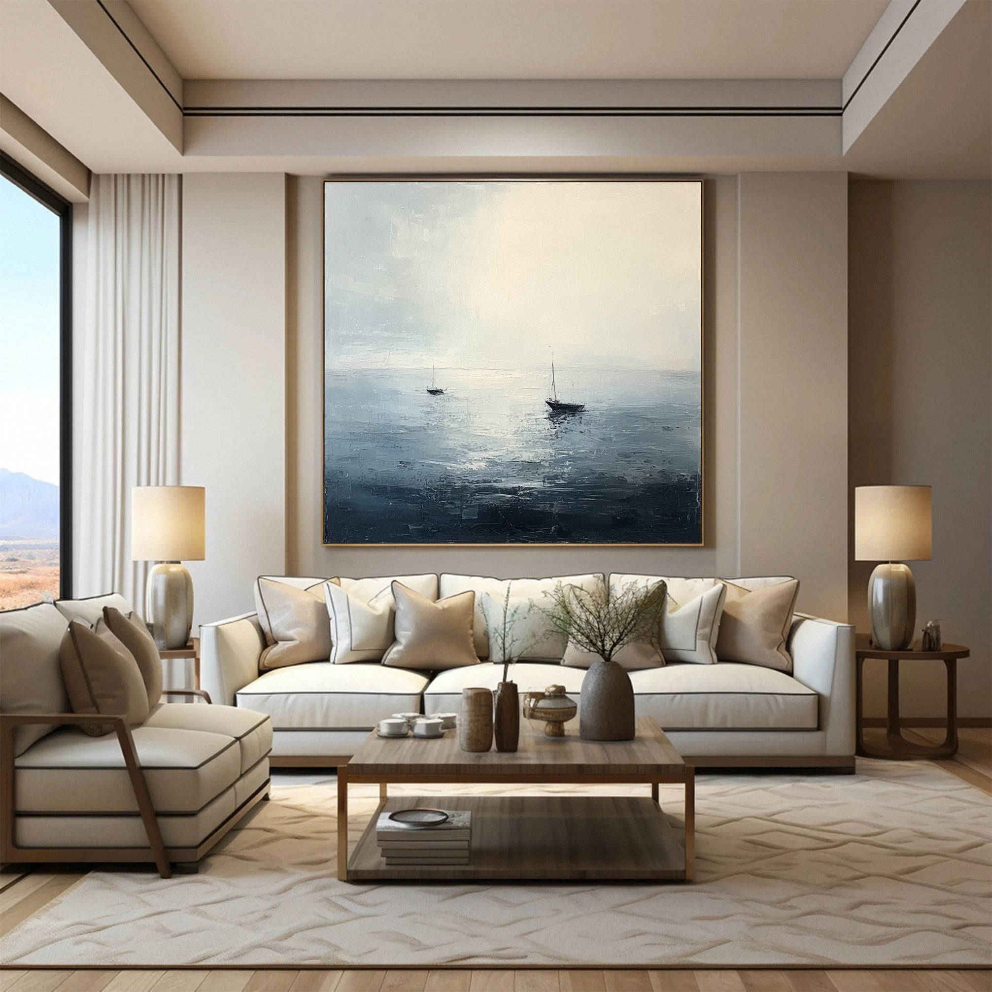 Peaceful Escape Serene Ocean with Distant Boats Canvas Art #OP 050