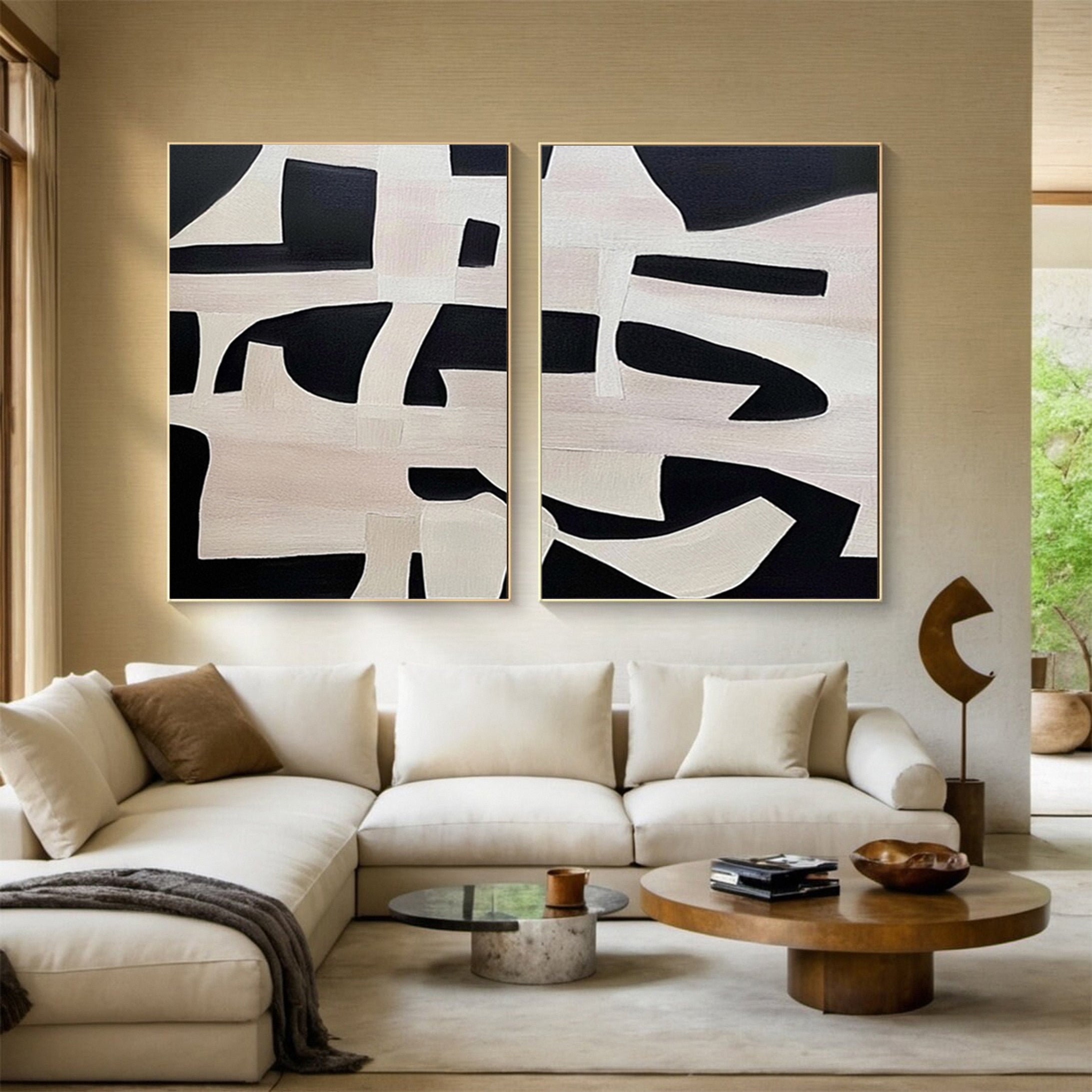 Monochrome Geometry Modern Art Canvas Set Of 2 #BWA 015